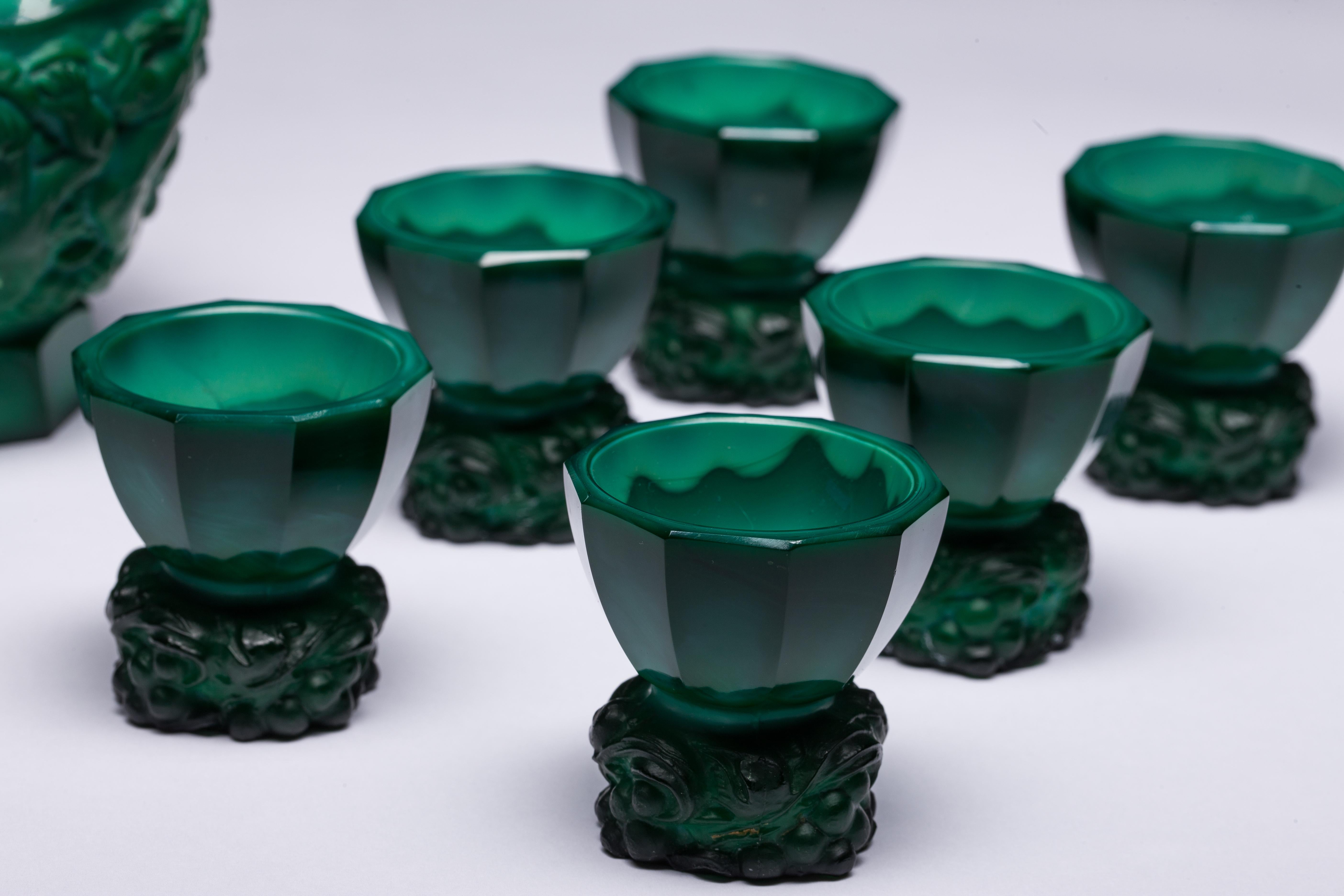 Czech Bohemian Malachite Glass Decanter and Six Cordials For Sale
