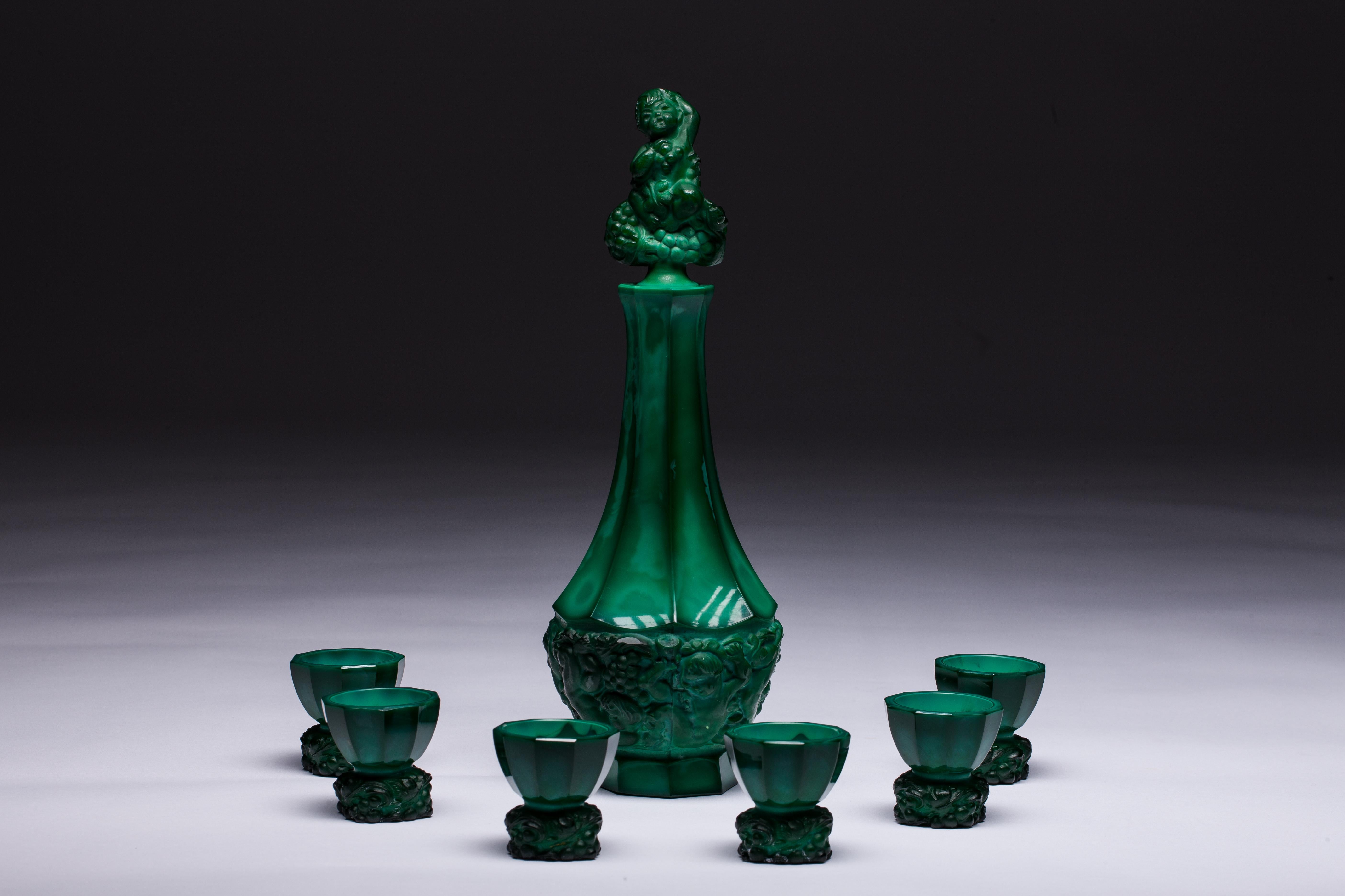 Mid-20th Century Bohemian Malachite Glass Decanter and Six Cordials For Sale