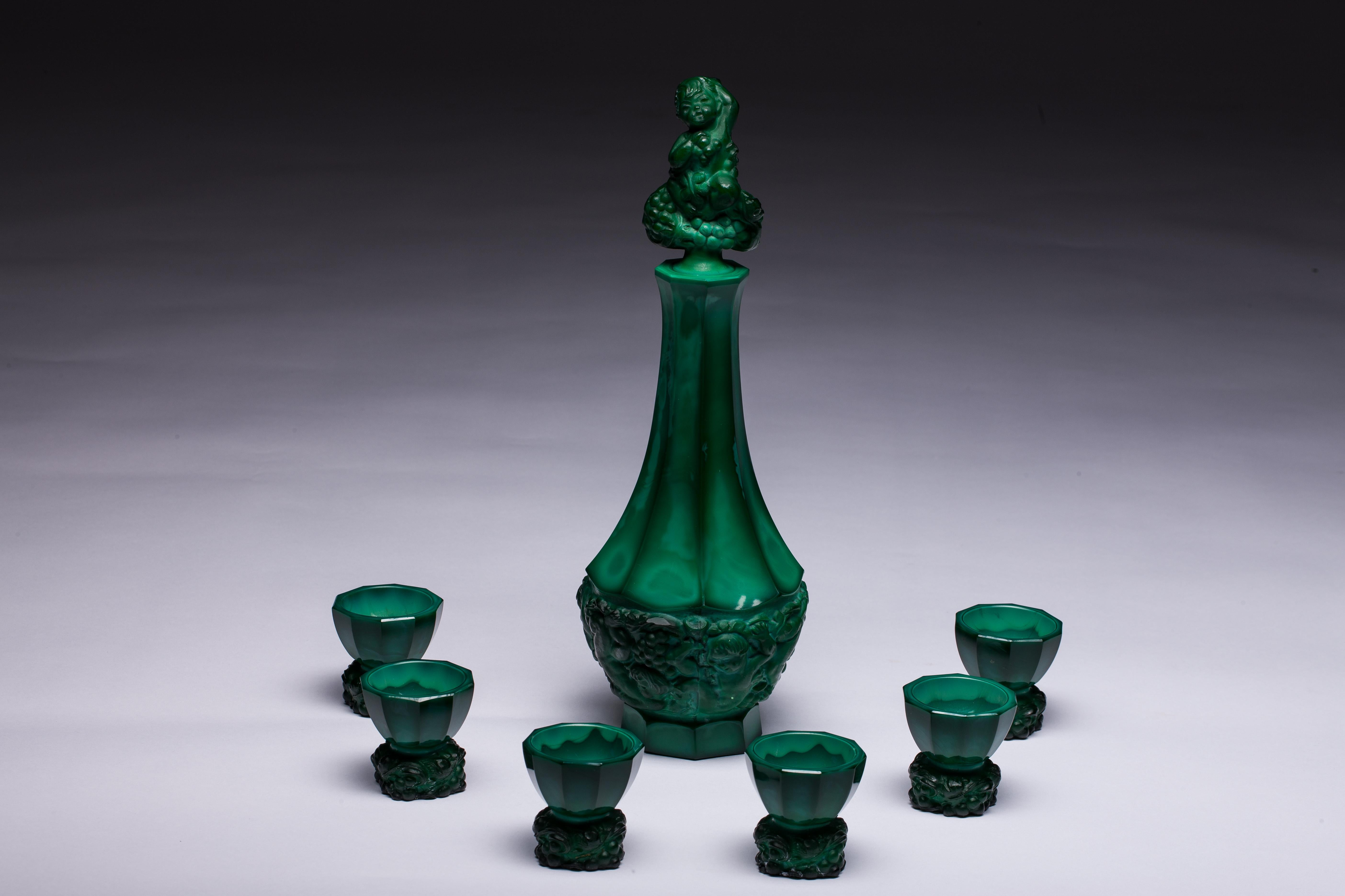 Bohemian Malachite Glass Decanter and Six Cordials For Sale 1