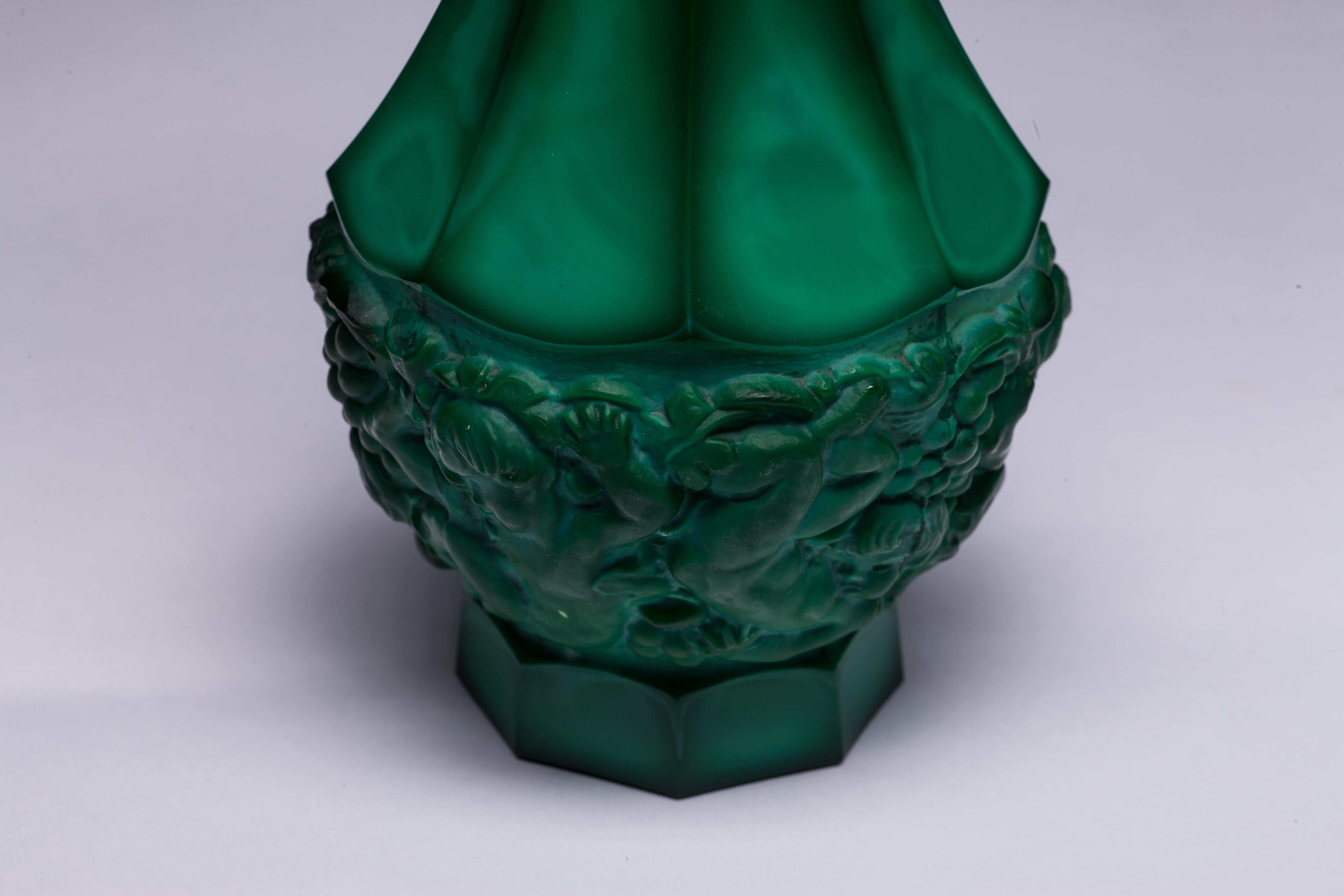 Bohemian Malachite Glass Decanter and Six Cordials For Sale 2