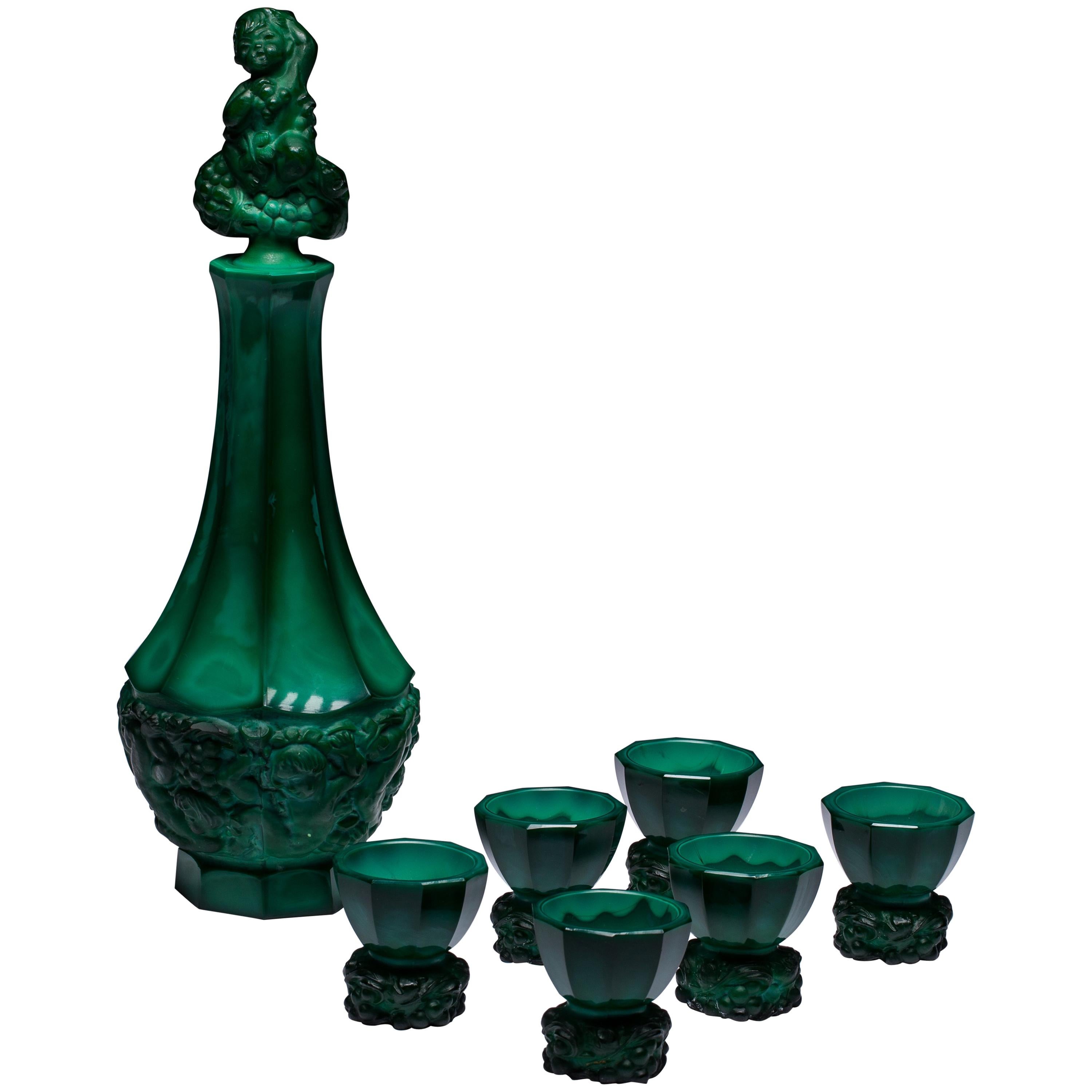 Bohemian Malachite Glass Decanter and Six Cordials For Sale