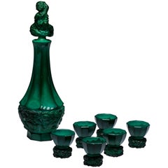 Bohemian Malachite Glass Decanter and Six Cordials