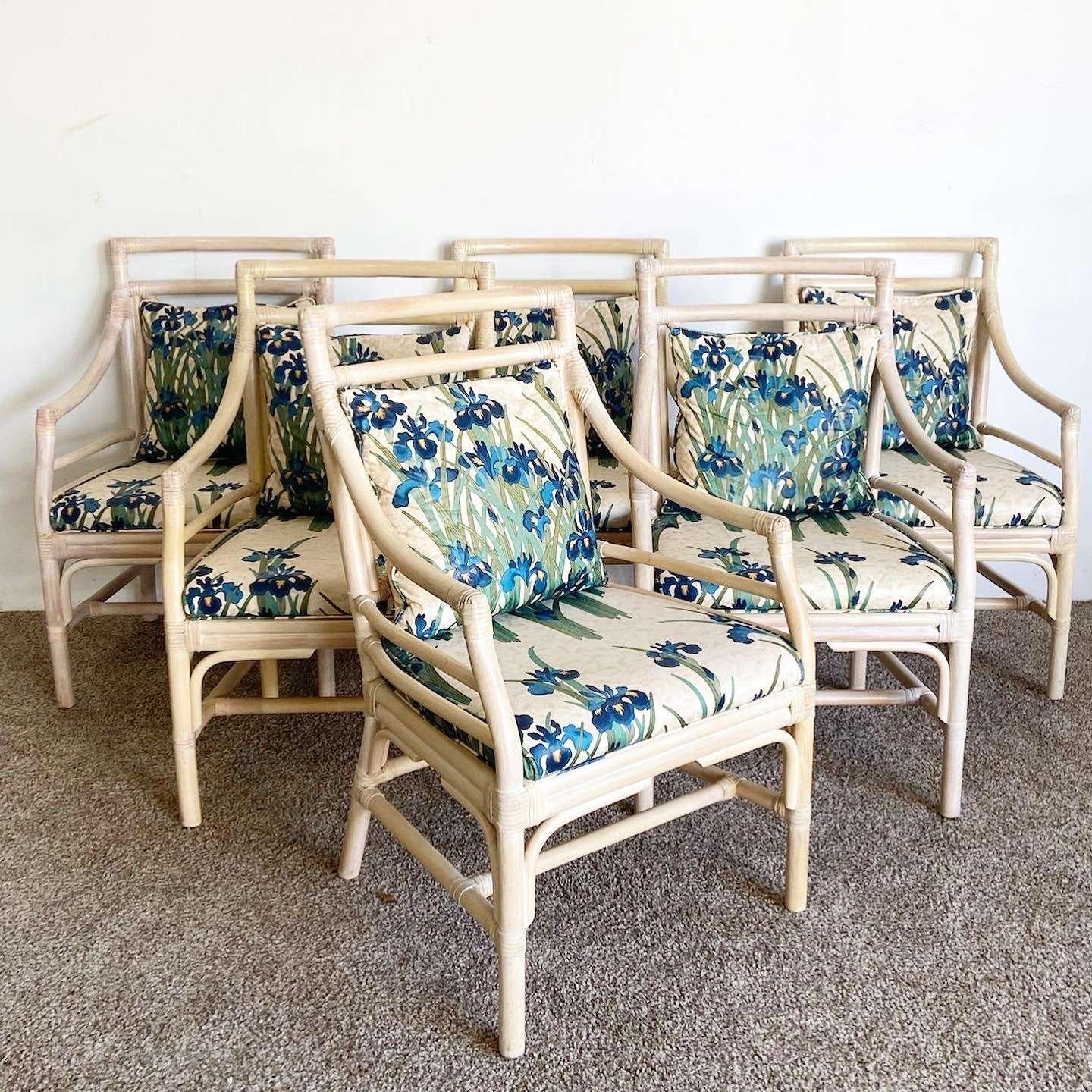 Philippine Bohemian McGuire Target Style Rattan Bamboo Dining Side Armchairs - Set of 6