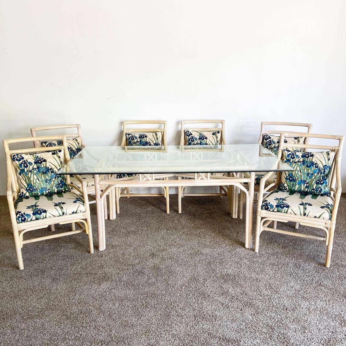 Bohemian McGuire Target Style Rattan Bamboo Dining Side Armchairs - Set of 6 In Good Condition For Sale In Delray Beach, FL
