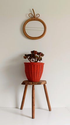 Bohemian Mid-Century Coral Red Wicker Basket, France, circa 1960s