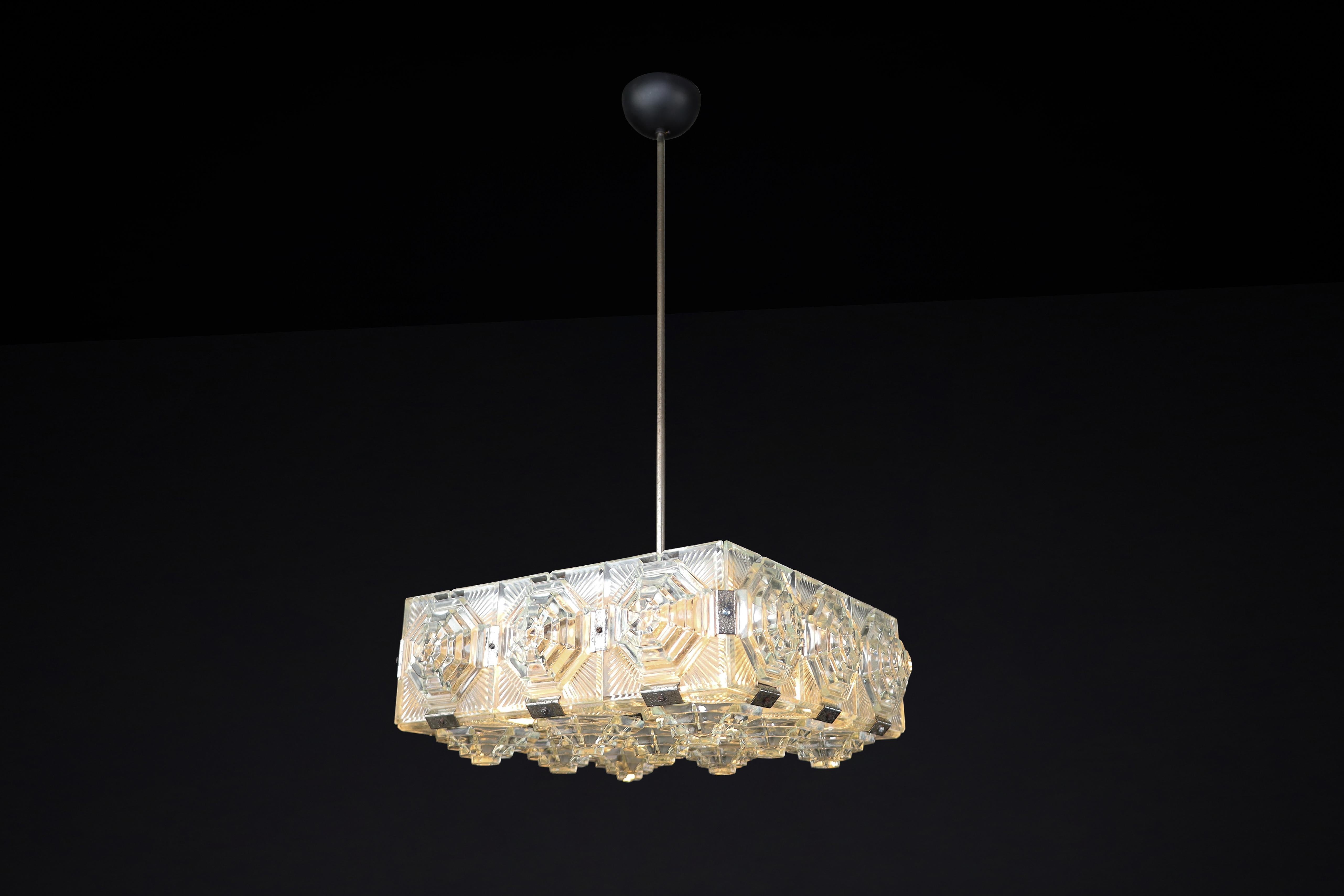 Metal Bohemian Mid-Century Modern Glass & Chrome Chandelier, Czechoslovakia, 1970s For Sale