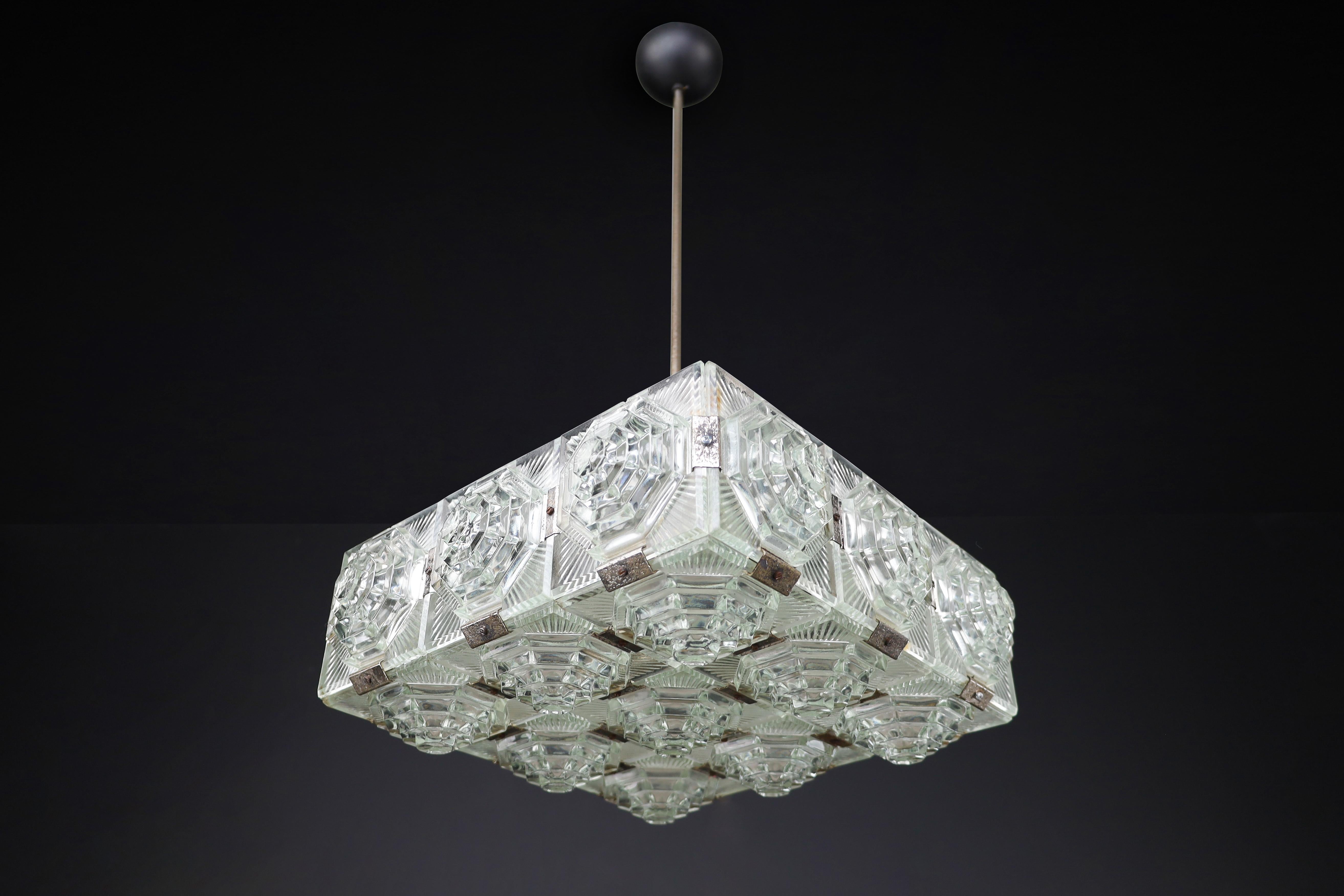 Metal Bohemian Mid-Century Modern Glass & Chrome Chandelier, Czechoslovakia, 1970s For Sale