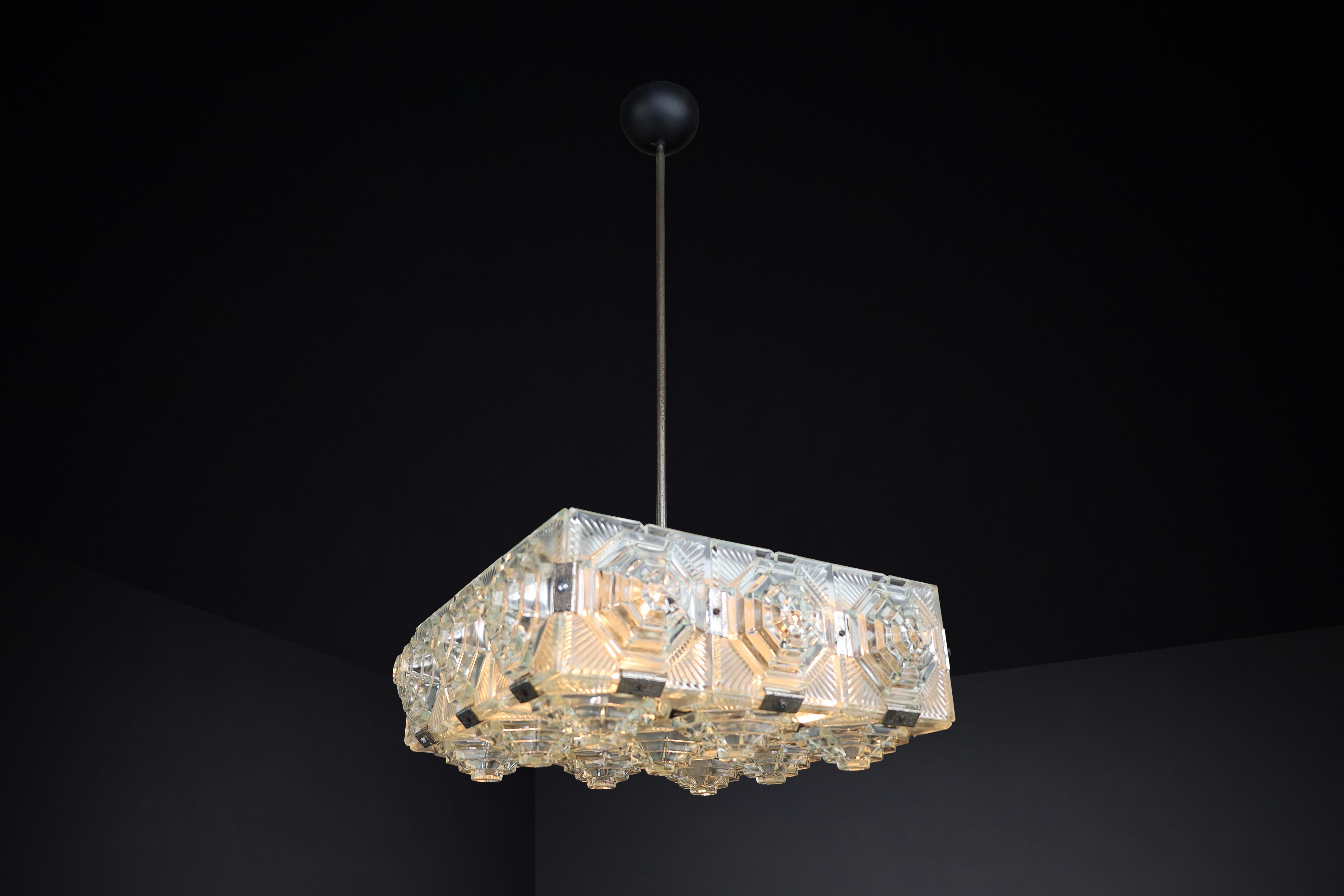 Bohemian Mid-Century Modern Glass & Chrome Chandelier, Czechoslovakia, 1970s For Sale 2