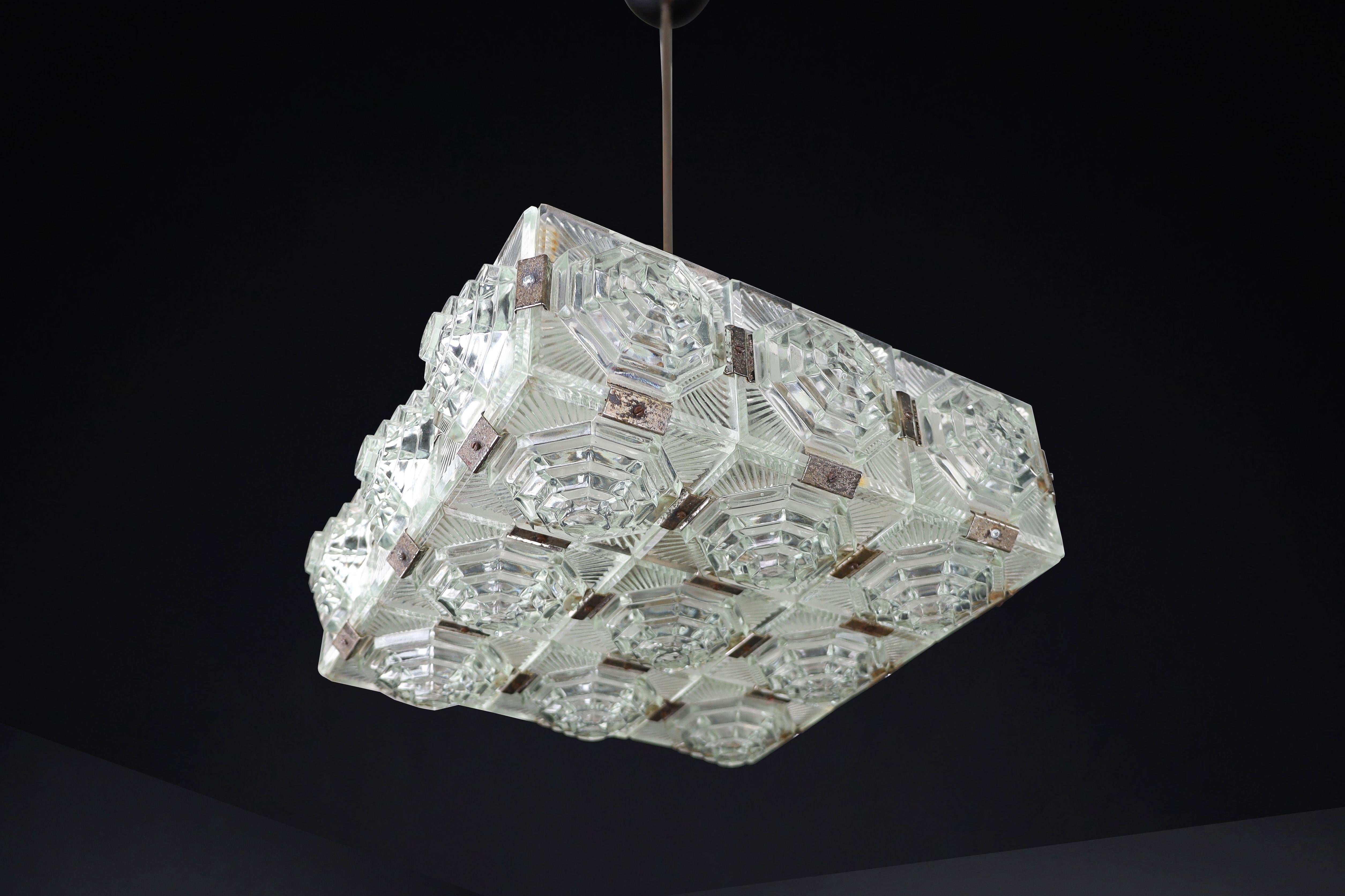 Bohemian Mid-Century Modern Glass & Chrome Chandelier, Czechoslovakia, 1970s For Sale 3