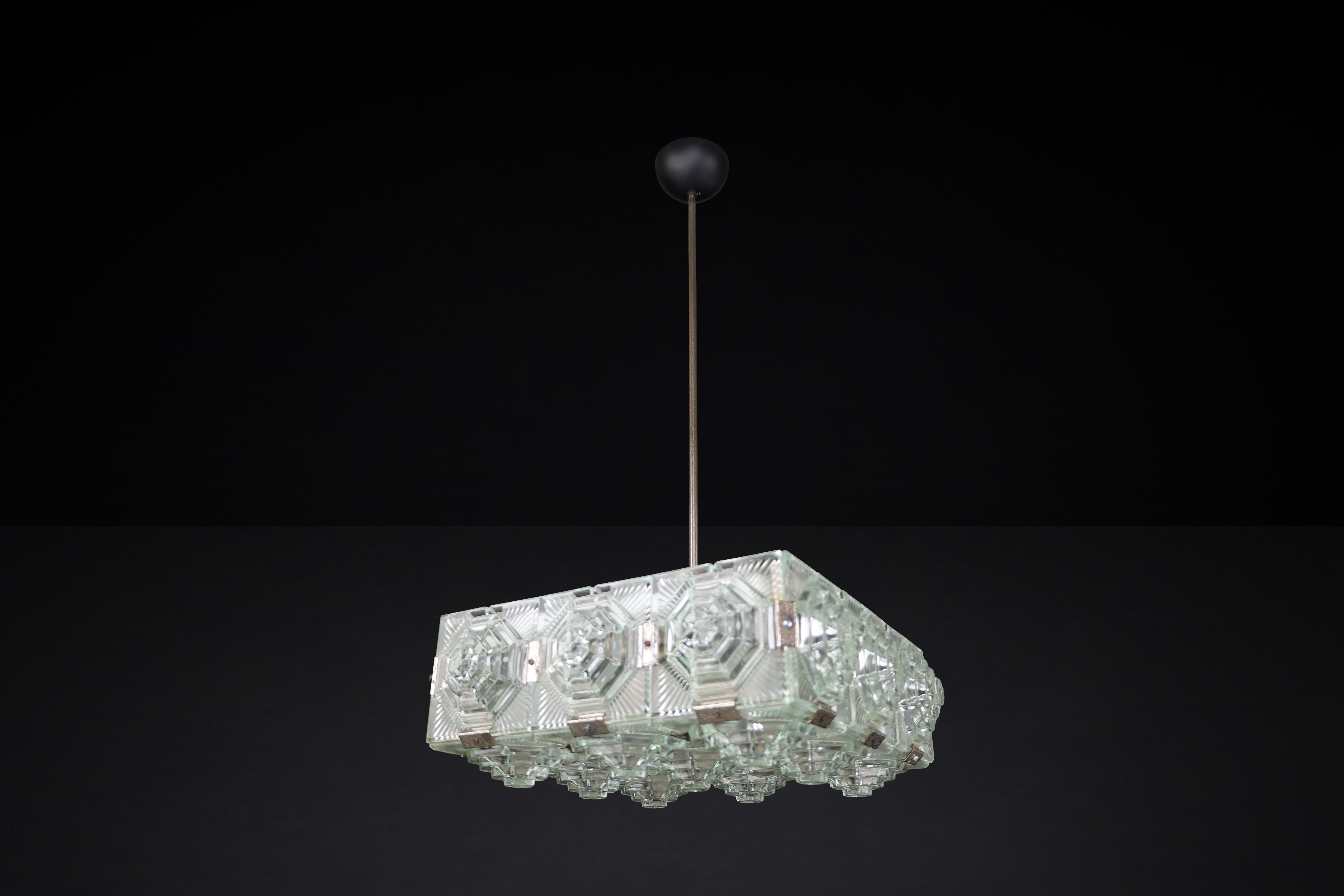 Bohemian Mid-Century Modern Glass & Chrome Chandelier, Czechoslovakia, 1970s For Sale 4