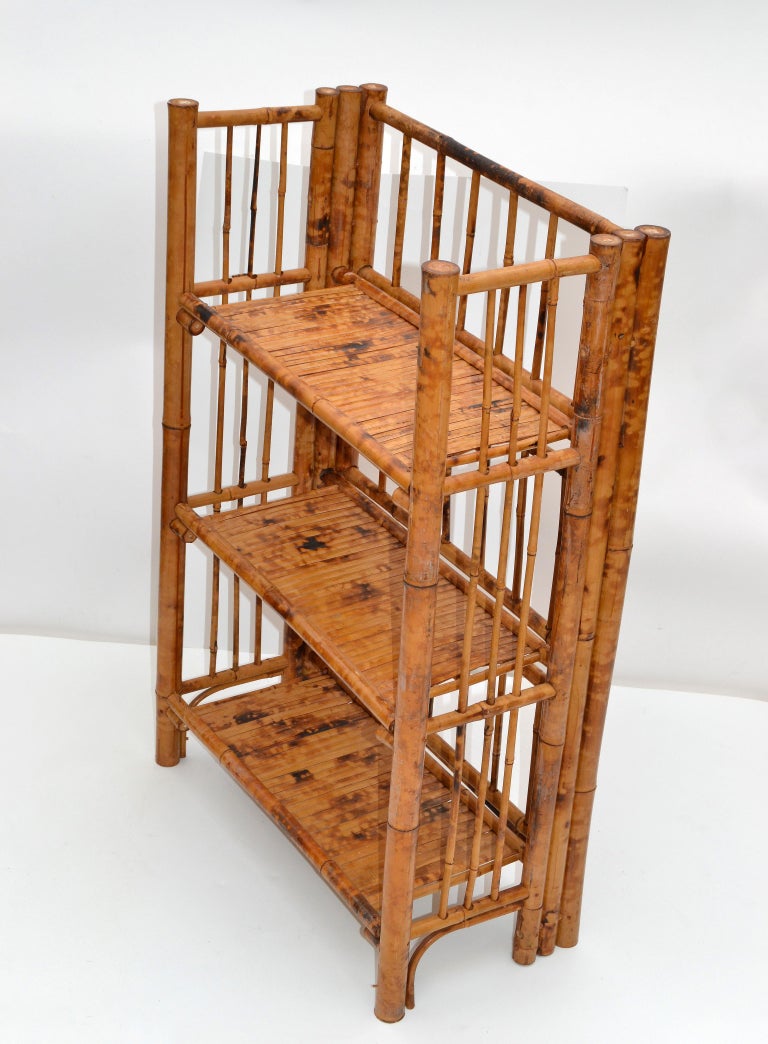 Bohemian MidCentury Modern Handcrafted Bamboo and Cane 3Tier Folding