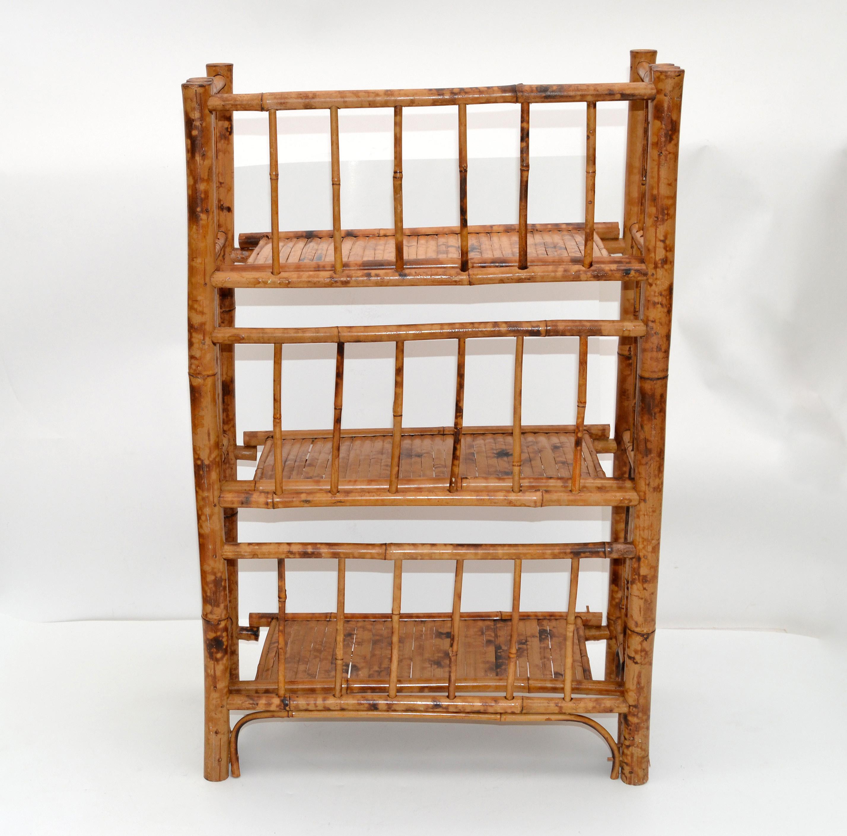 Bohemian Mid-Century Modern Handcrafted Bamboo & Cane 3-Tier Folding Shelves In Good Condition In Miami, FL