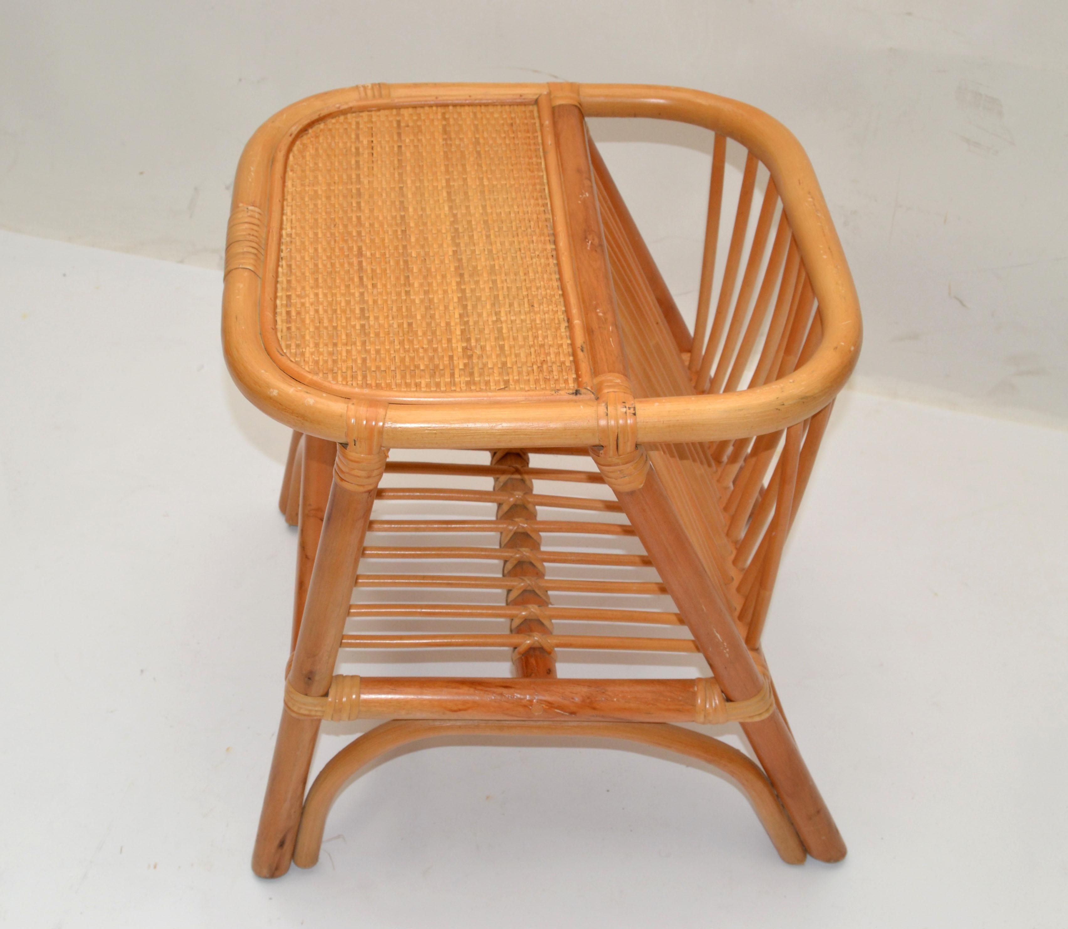 American Bohemian Mid-Century Modern Handcrafted Bamboo & Cane Magazine Rack Side Table For Sale