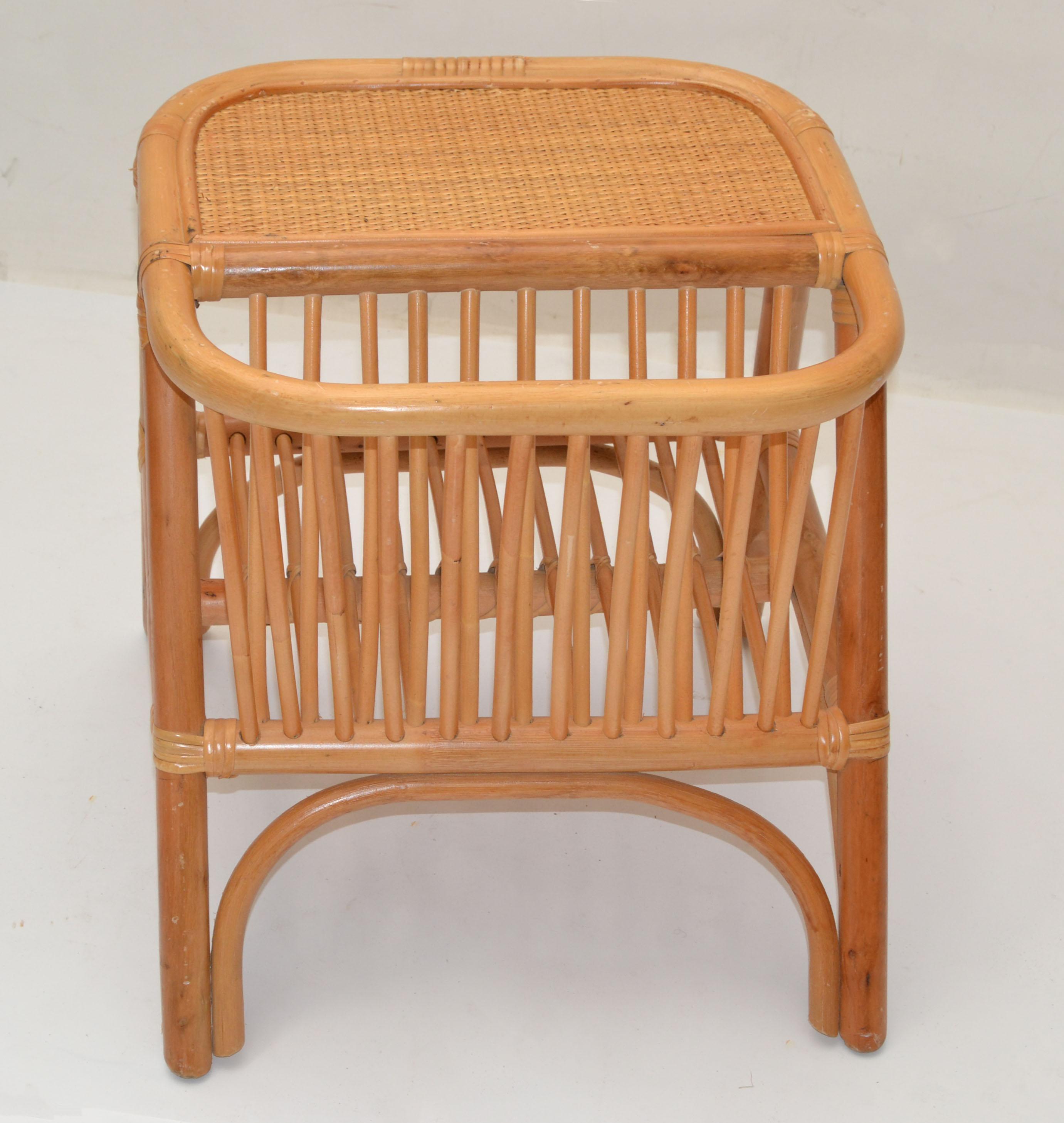 Hand-Crafted Bohemian Mid-Century Modern Handcrafted Bamboo & Cane Magazine Rack Side Table For Sale