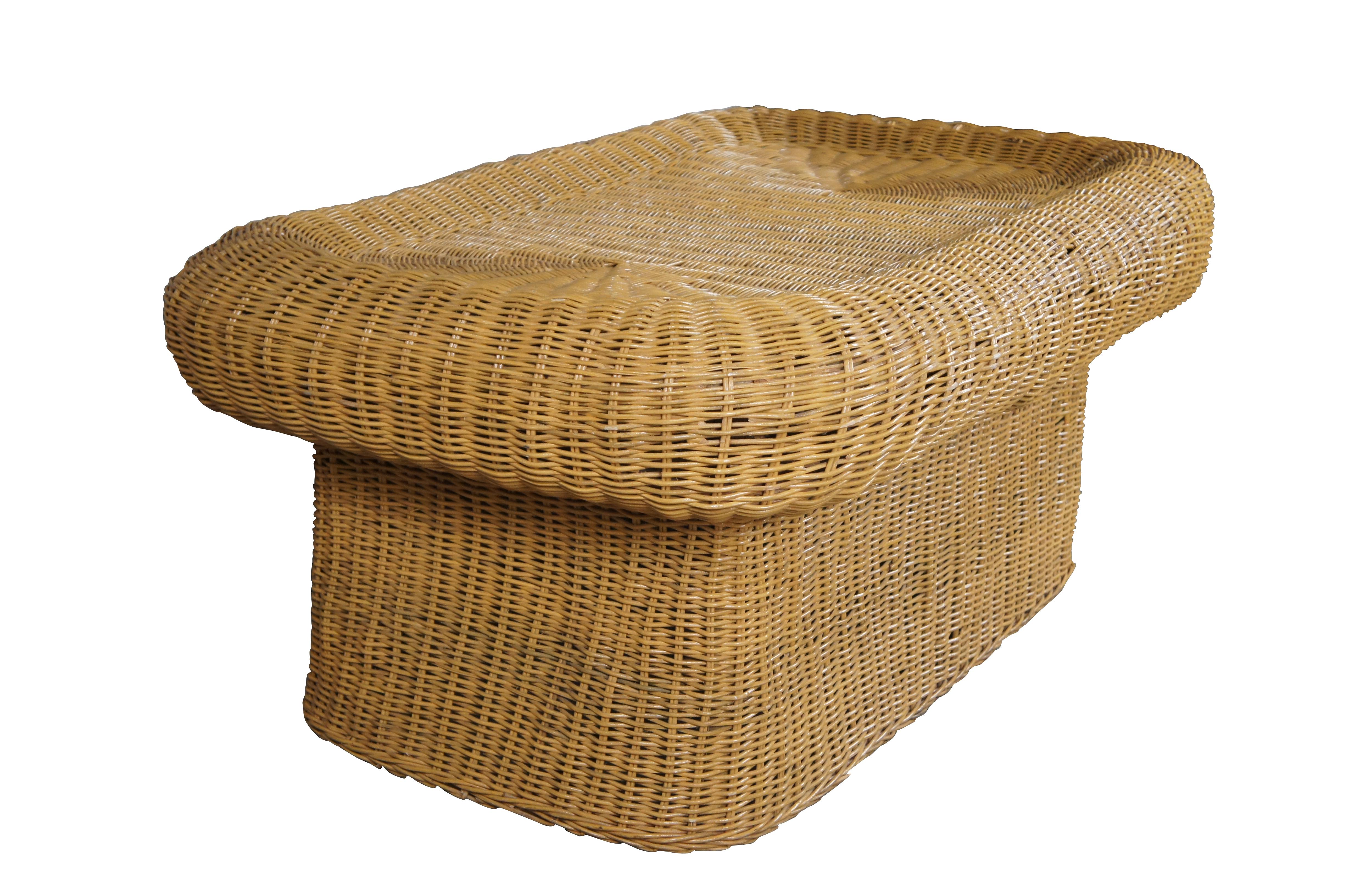 Rare vintage / mid century Bohemian / Boho wicker / rattan / bamboo coffee table or ottoman featuring rectangular form with thick rolled gallery, inset surface and skirted base.  Attributed to Japanese artist Isamu Kenmochi.

Dimensions:

47