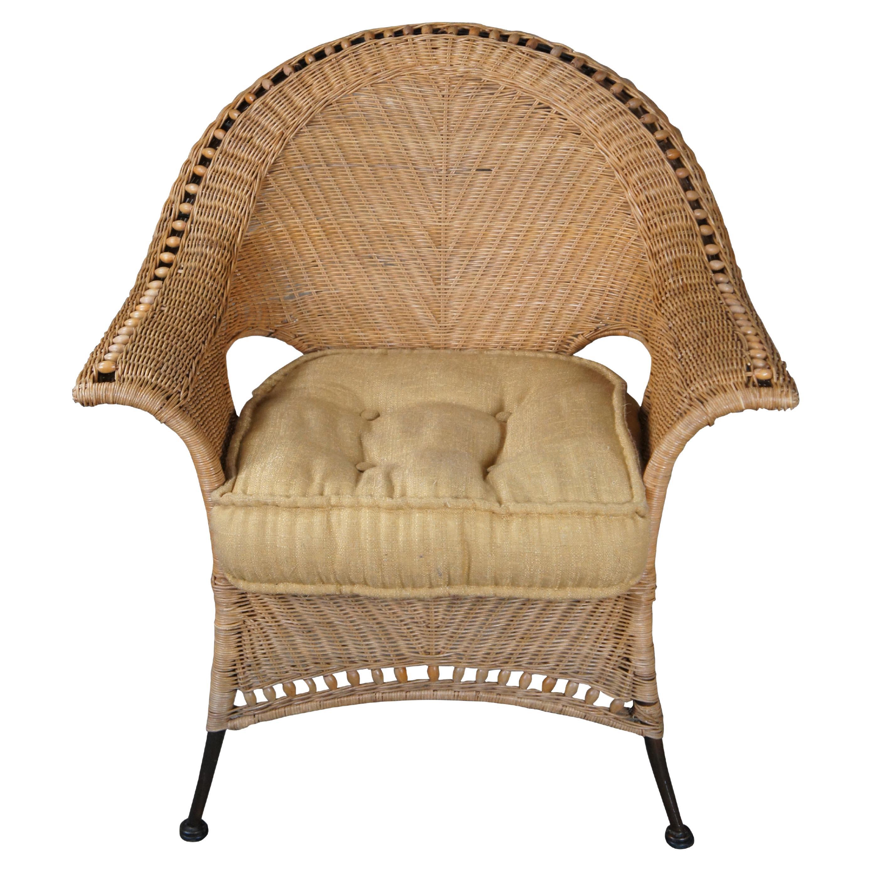 Bohemian Modern Woven Wicker Rattan Fan Back Lounge Armchair Boho Chic