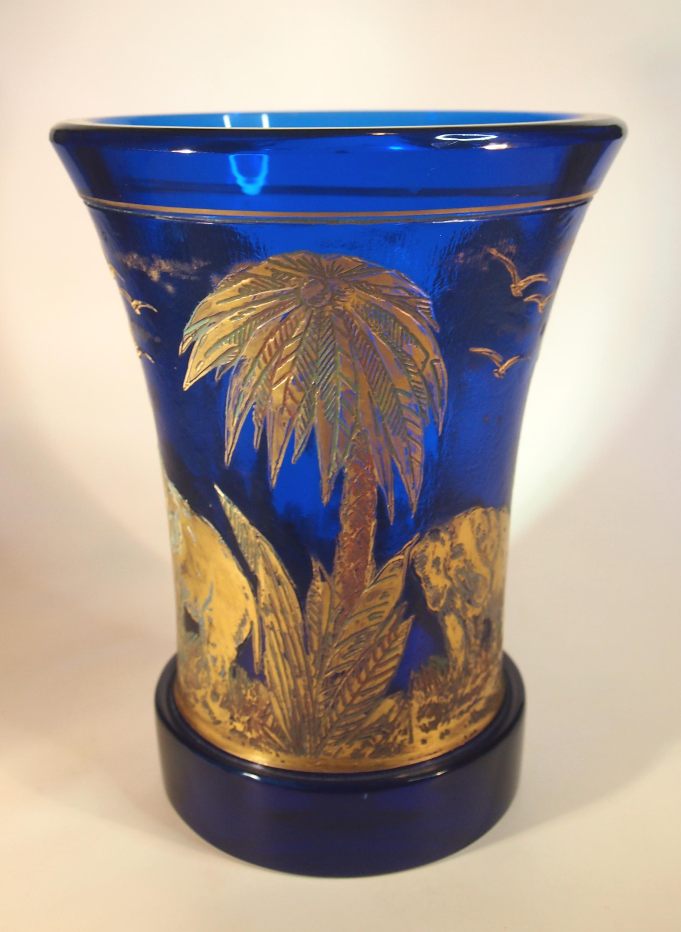 Impressive Art Deco (twice) signed Moser cobalt blue Vase decorated in the rare 'Animor' pattern -this is rare version of Oroplastic glass depicting Jungle scenes in this case: Elephants it was designed by Rudolf Wels -signed faintly Moser on the