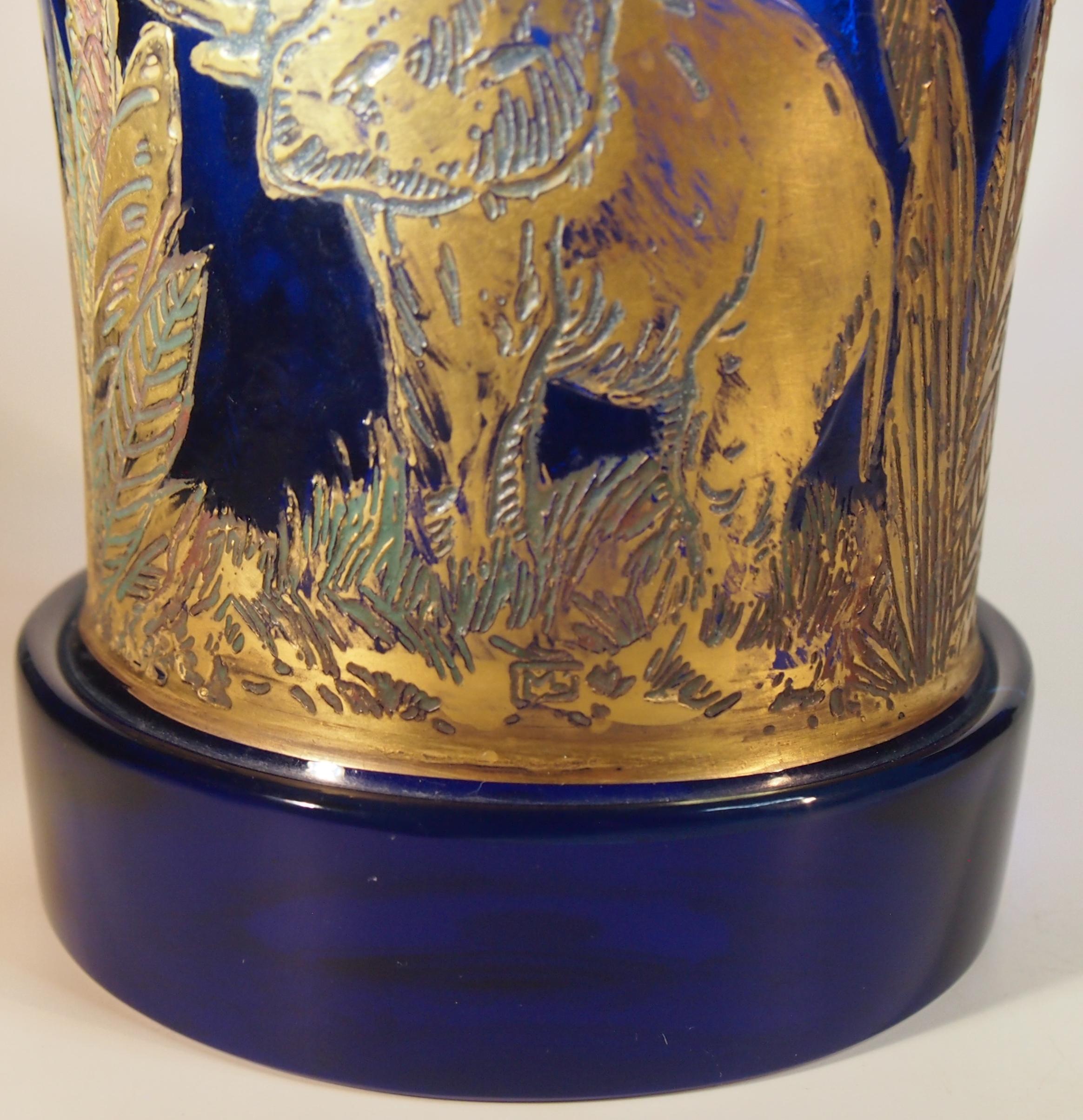 Czech Bohemian Moser Art Deco Elephants Animor Blue Glass Vase designed by Rudolf Wels For Sale