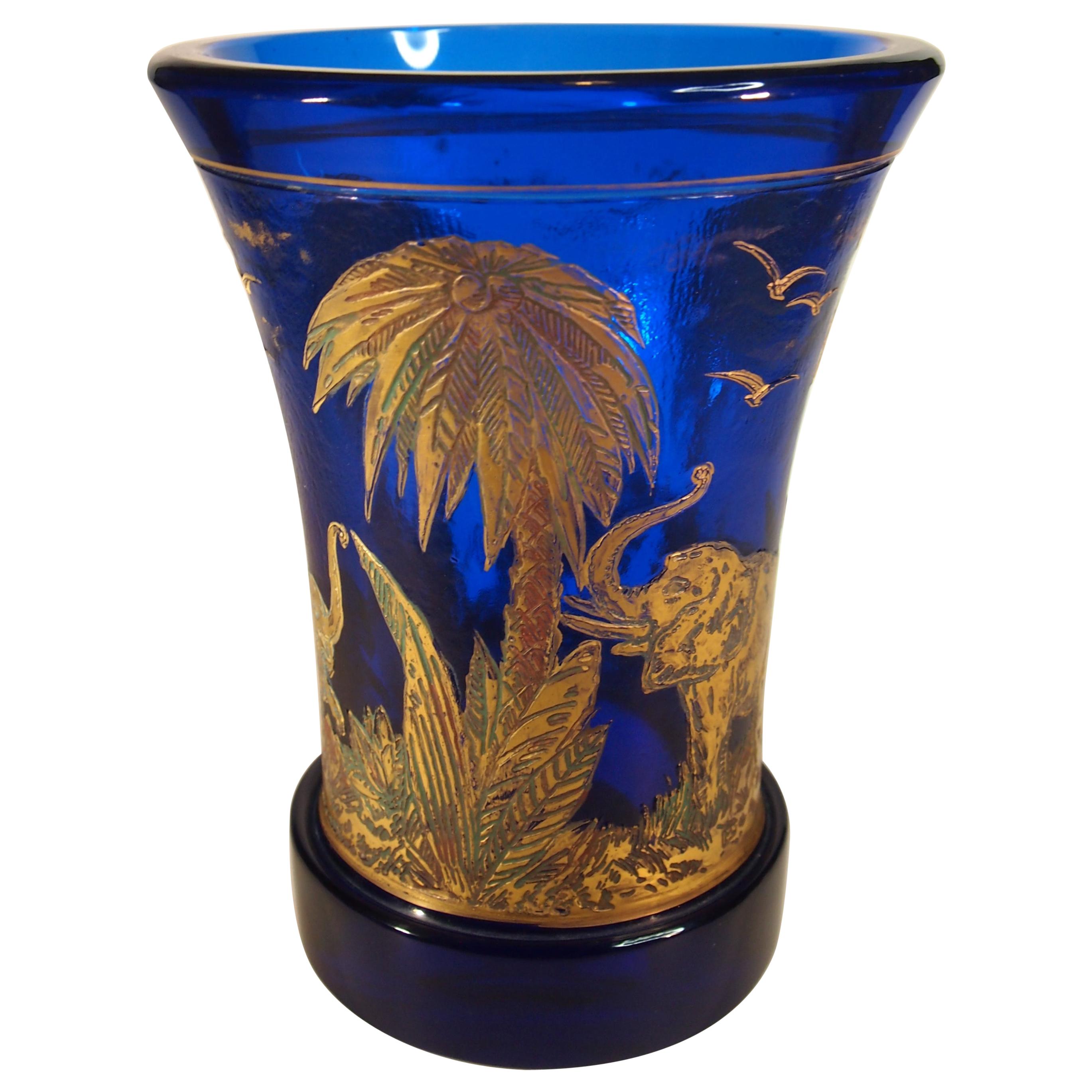 Bohemian Moser Art Deco Elephants Animor Blue Glass Vase designed by Rudolf Wels For Sale