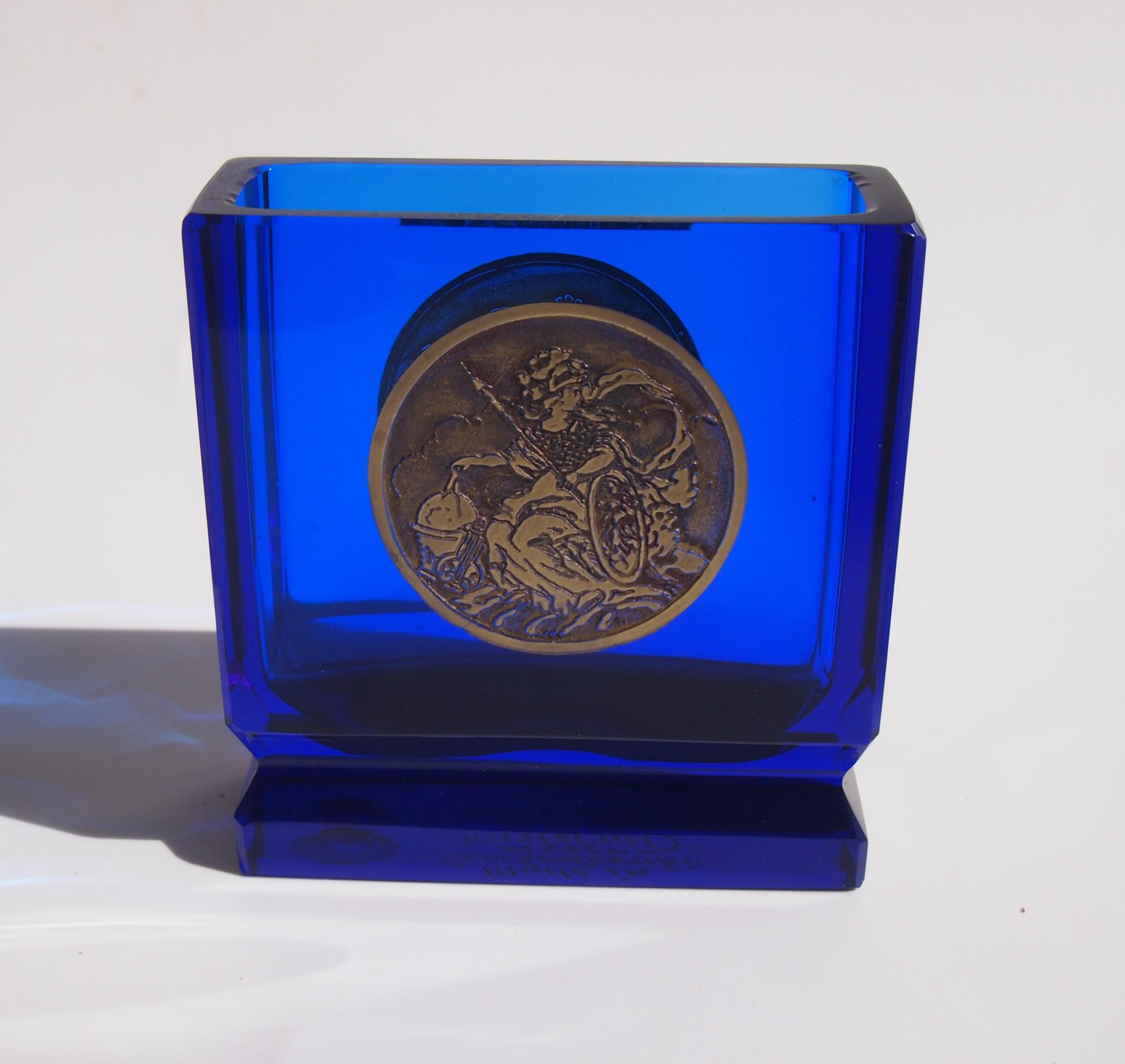 Art déco Porte-cartes Art Déco de Bohème Moser en verre bleu en métal doré 1920 en vente