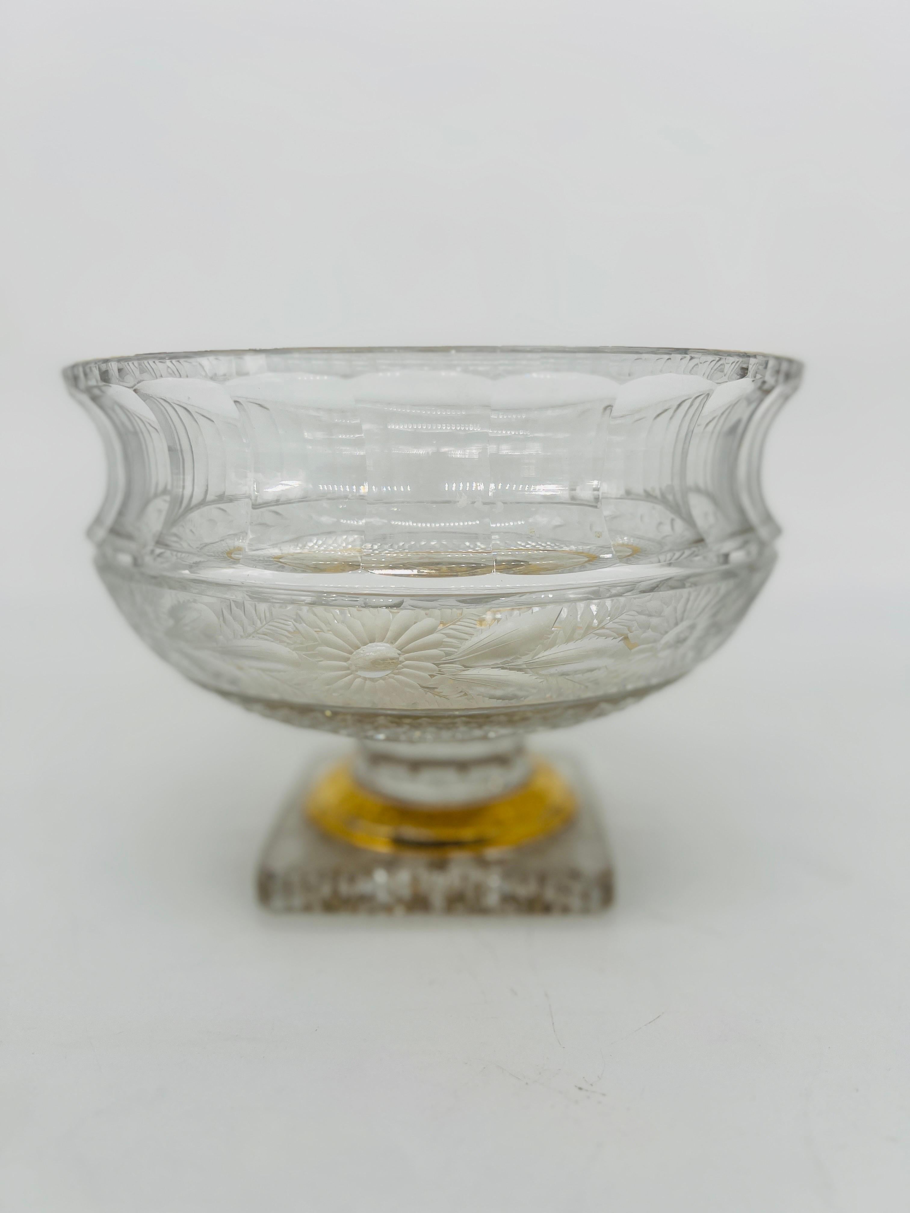Bohemian Moser Intaglio Cut Glass & Gilt Punch Bowl
Large scale punch bowl with intaglio cut sunflowers to the outer edge of bowl, gilt rim, speckled gilt interior and fine cuts to surface.