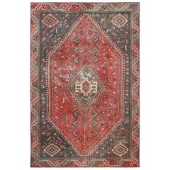Bohemian Old Sheared Low Red Persian Qashqai Natural Wool Handmade Rug