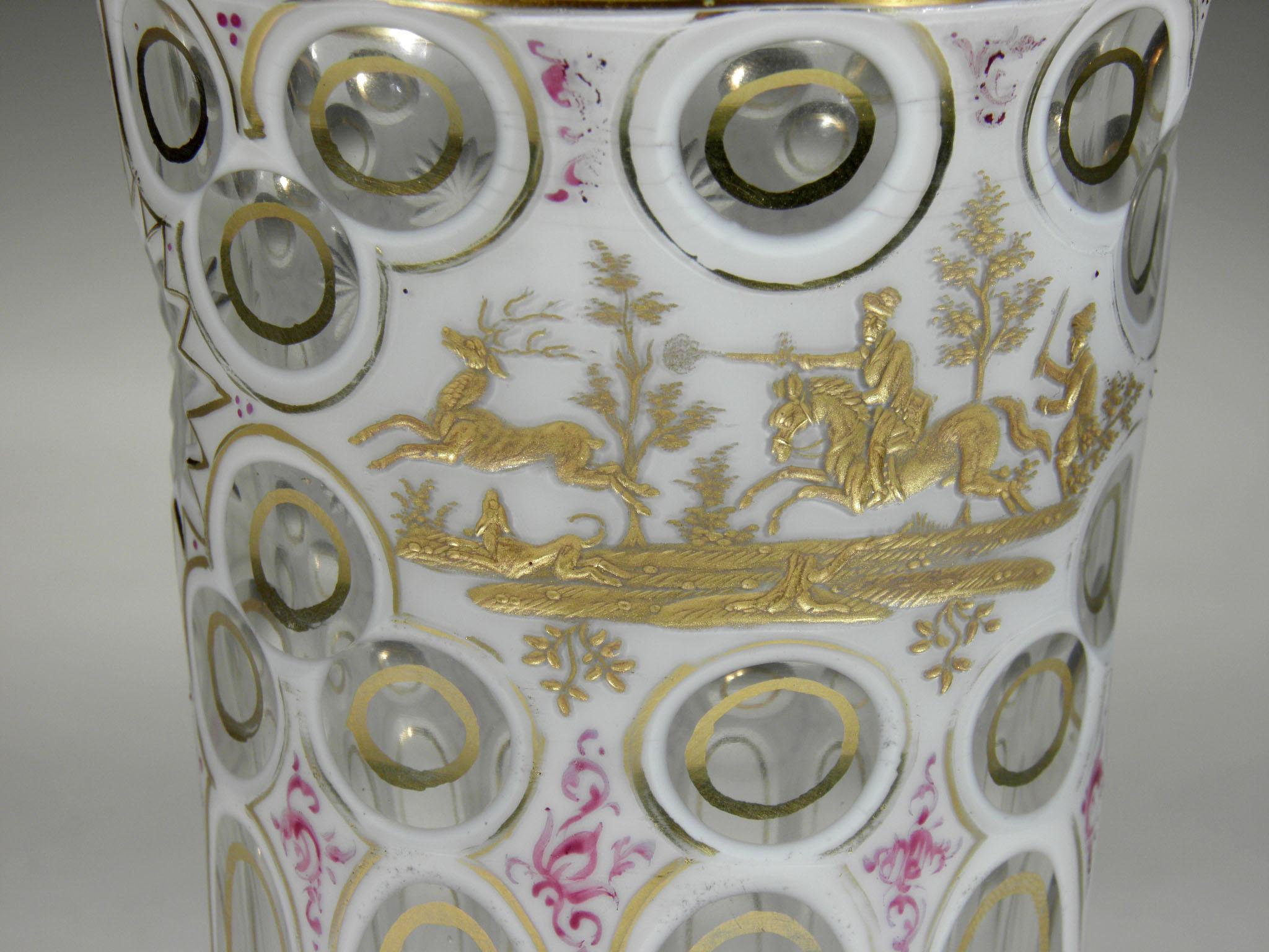 Bohemian Opal Overlaid Goblet Hunting Motive, 19th Century In Good Condition In Nový Bor, CZ