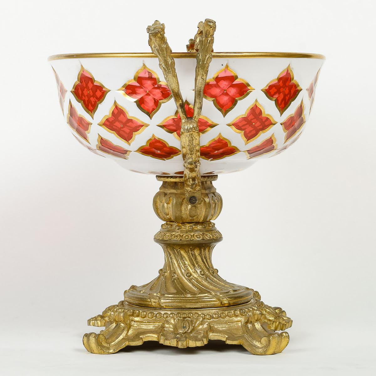 Napoleon III Bohemian Opaline Overlay and Gilt Bronze Bowl, 19th Century. For Sale