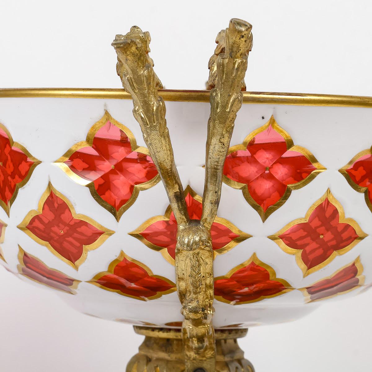 French Bohemian Opaline Overlay and Gilt Bronze Bowl, 19th Century. For Sale