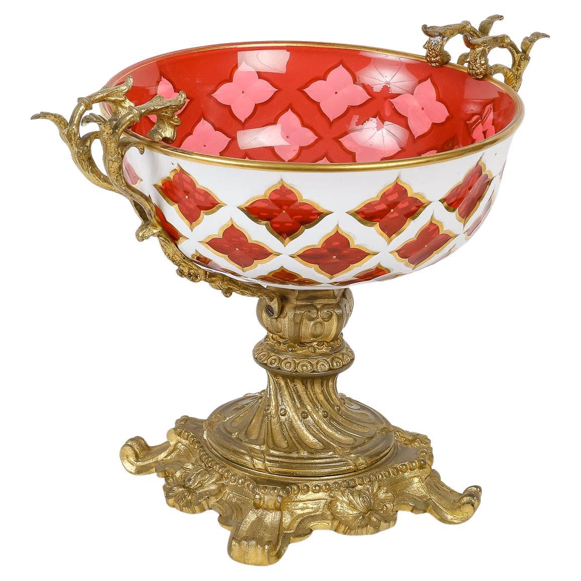 Bohemian Opaline Overlay and Gilt Bronze Bowl, 19th Century. For Sale