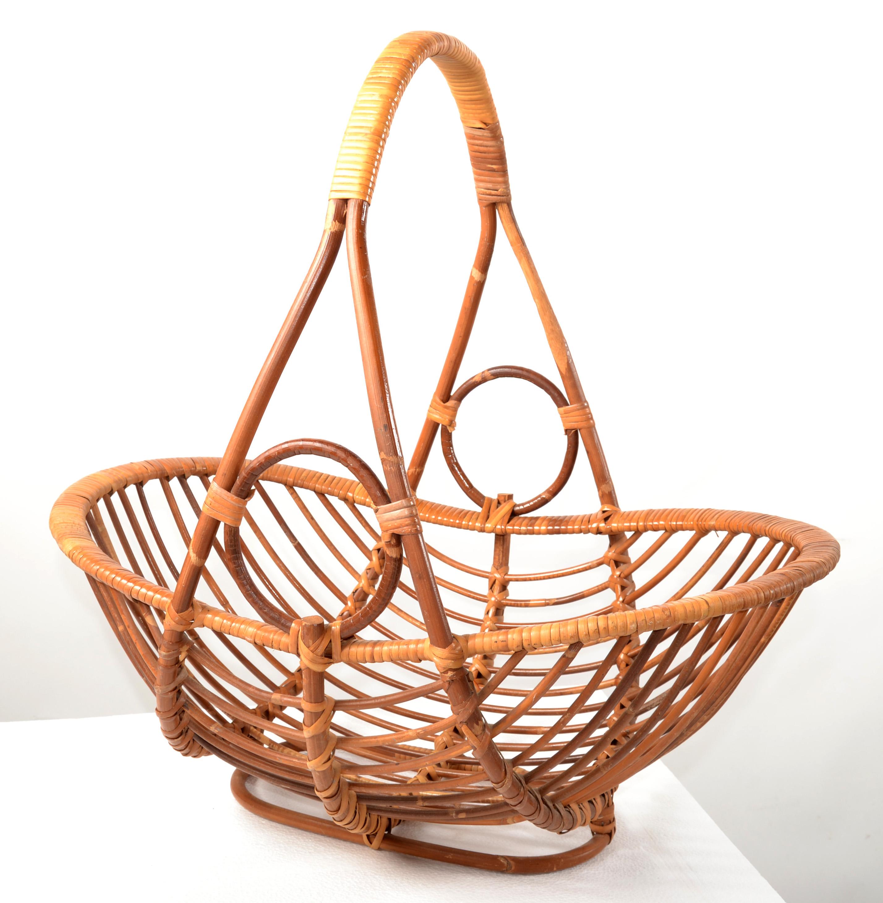 American Bohemian Open Weave Hand-Crafted Reed Caning Bamboo Magazine Basket Stand Rack For Sale