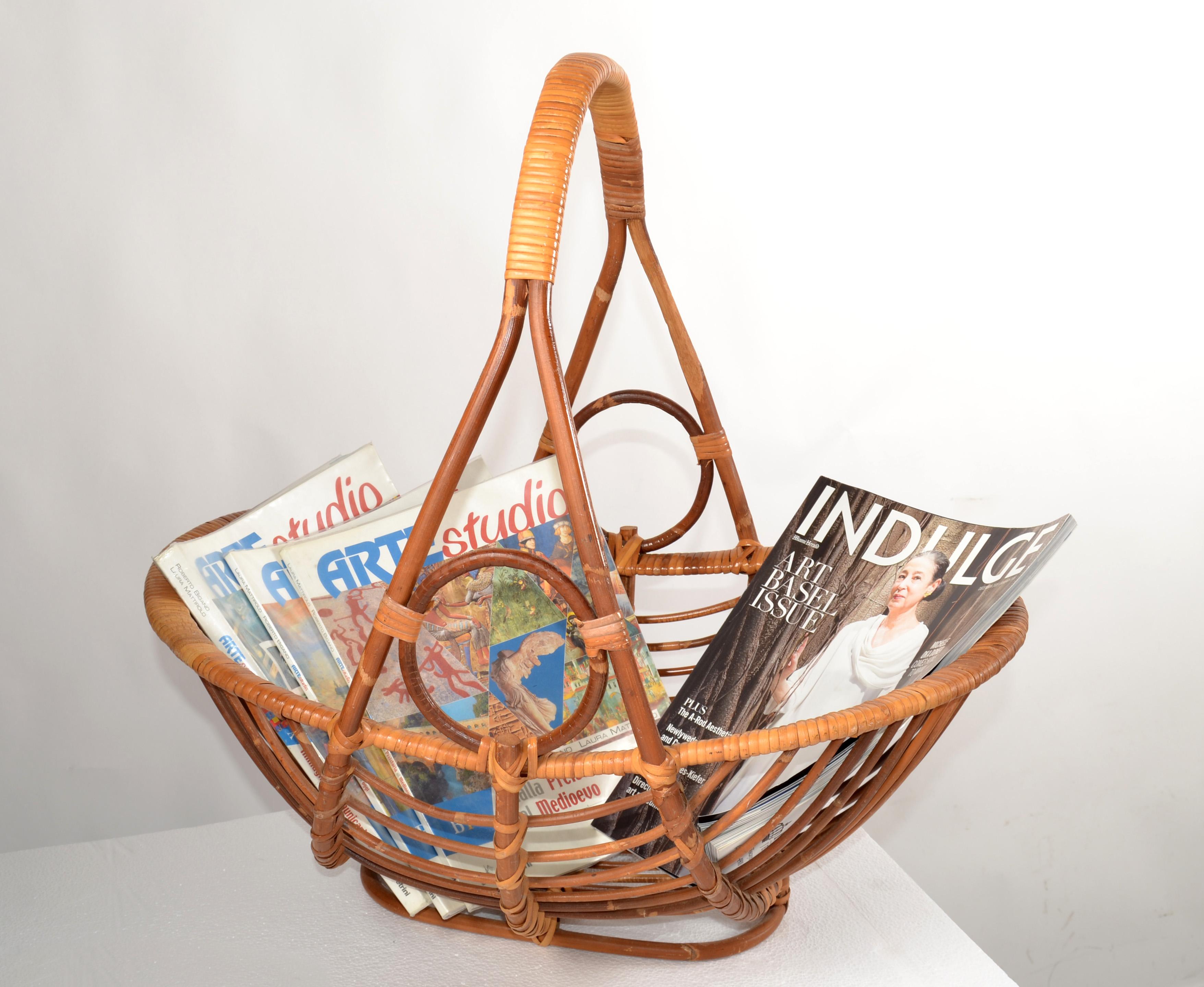 20th Century Bohemian Open Weave Hand-Crafted Reed Caning Bamboo Magazine Basket Stand Rack For Sale