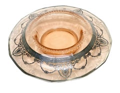 Bohemian or American Sterling Silver Overlay Coral Art Glass Centerpiece Bowl