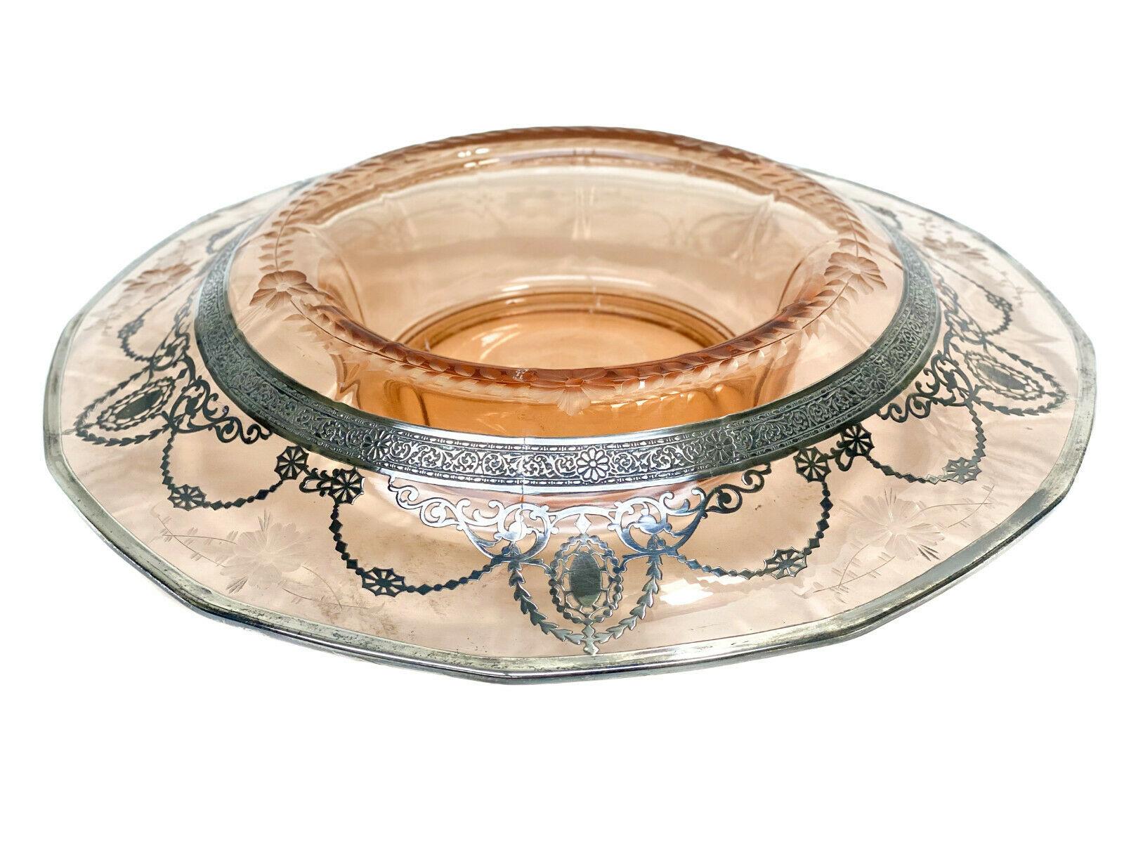 Bohemian or American Sterling Silver Overlay Coral Art Glass Centerpiece Bowl In Good Condition For Sale In Gardena, CA