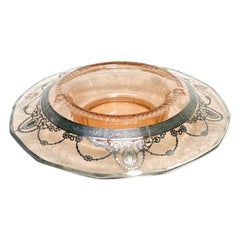 Bohemian or American Sterling Silver Overlay Coral Art Glass Centerpiece Bowl