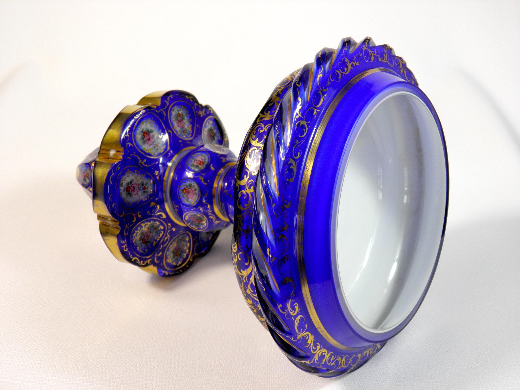 Bohemian Overlaid Cobalt Opal Goblet Ornamental Floral Motif European 4