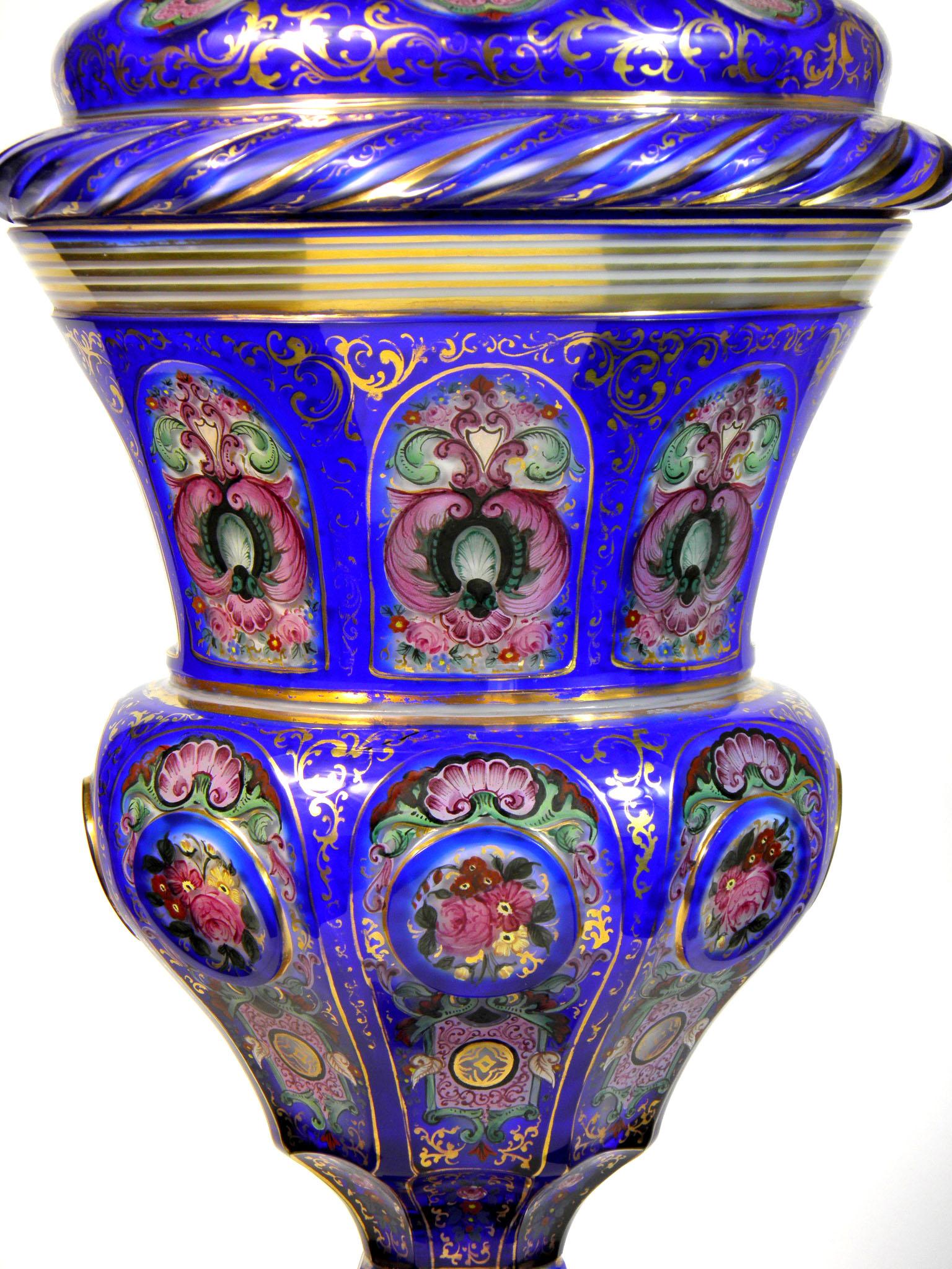 Czech Bohemian Overlaid Cobalt Opal Goblet Ornamental Floral Motif European