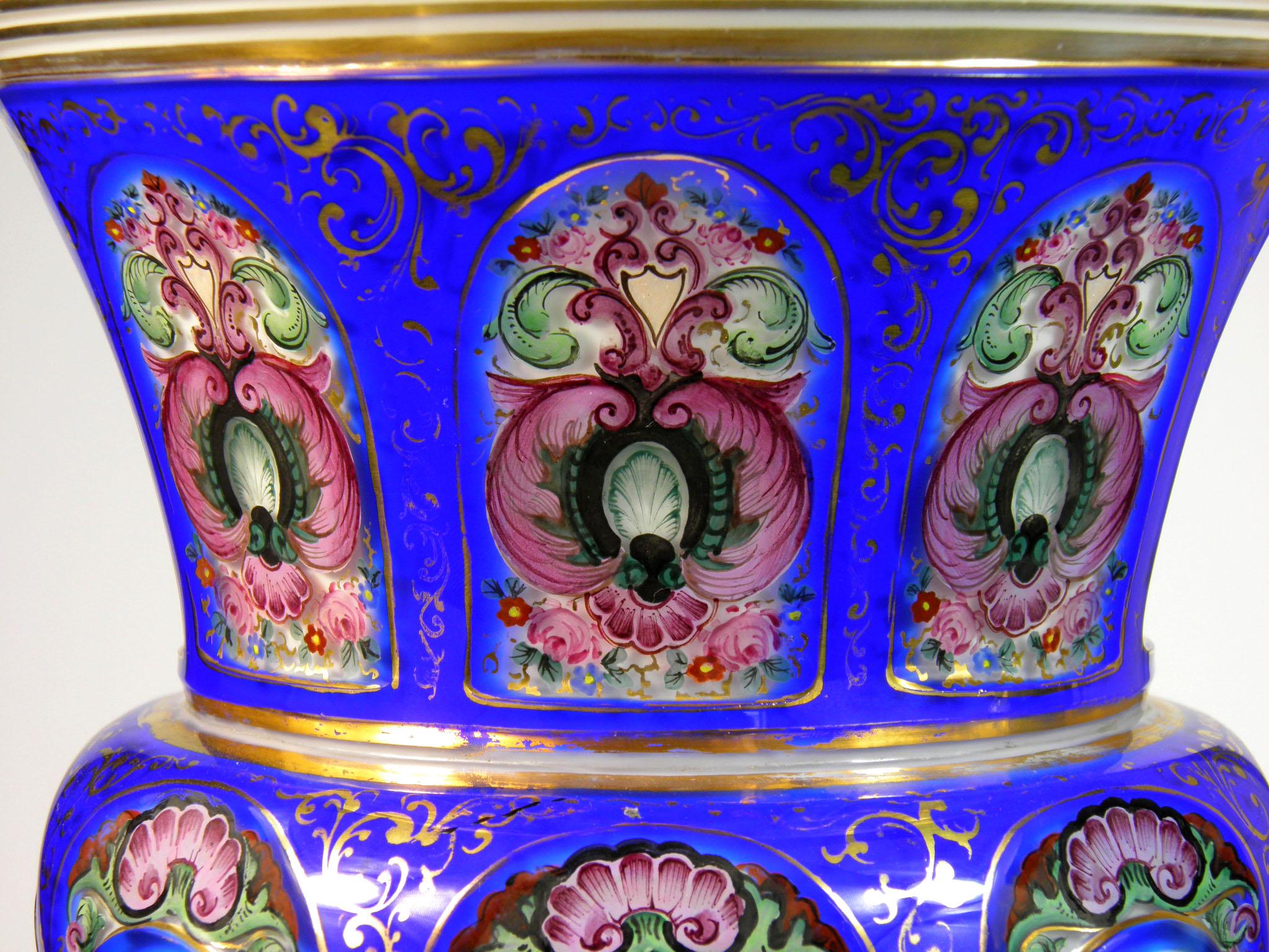 Hand-Painted Bohemian Overlaid Cobalt Opal Goblet Ornamental Floral Motif European
