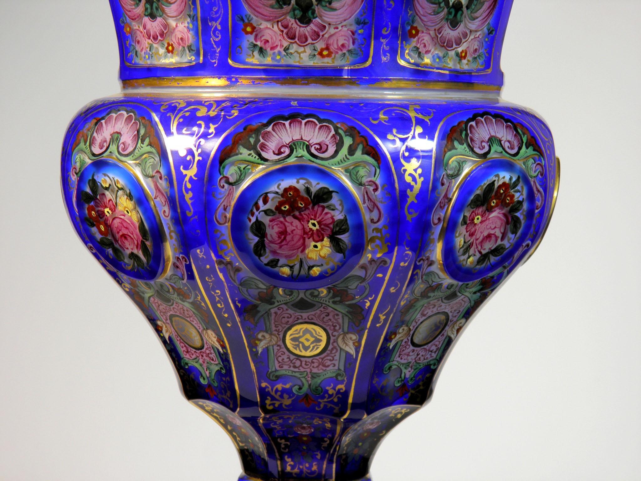 Bohemian Overlaid Cobalt Opal Goblet Ornamental Floral Motif European In Good Condition In Nový Bor, CZ