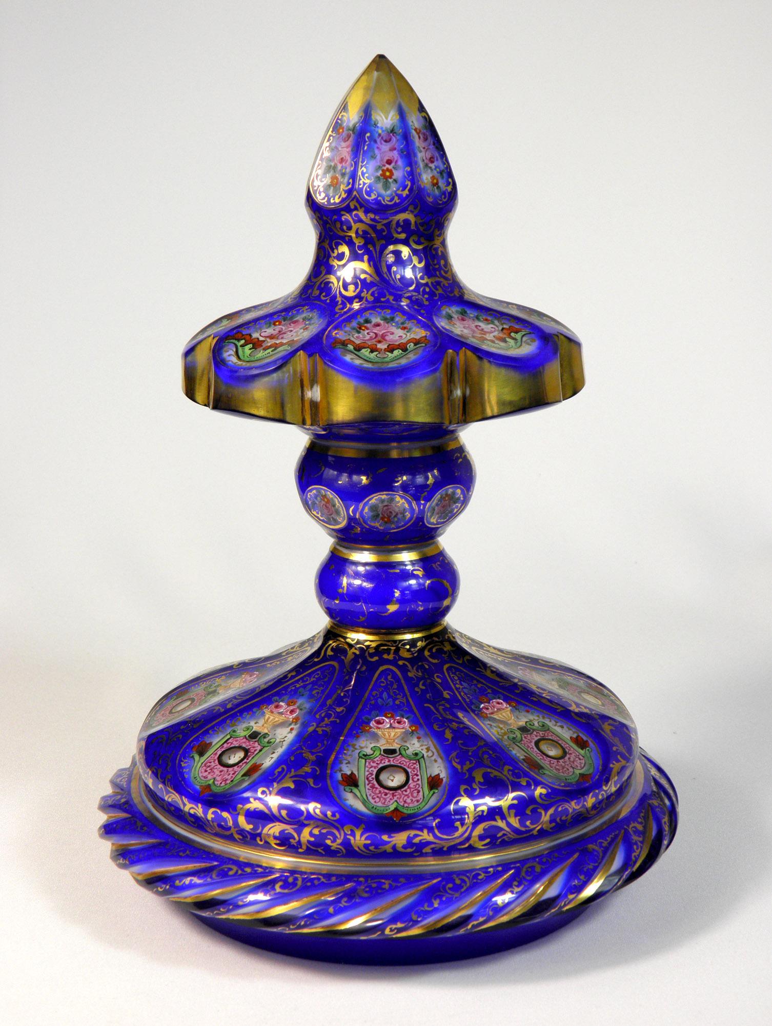 19th Century Bohemian Overlaid Cobalt Opal Goblet Ornamental Floral Motif European