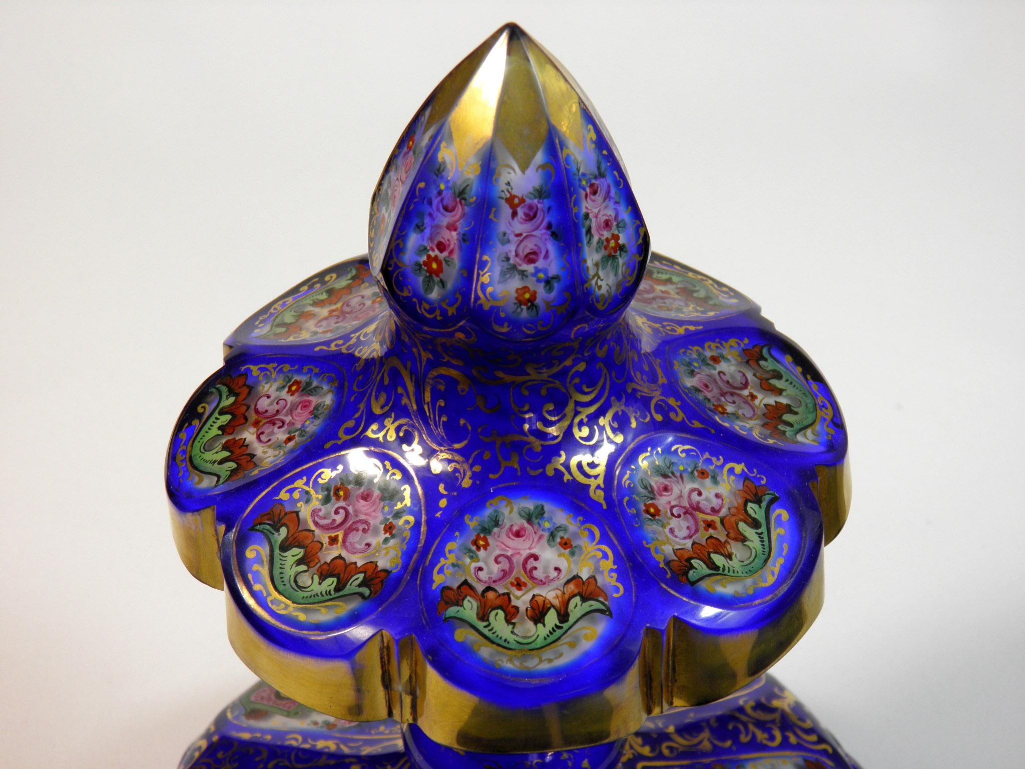 Bohemian Overlaid Cobalt Opal Goblet Ornamental Floral Motif European 1