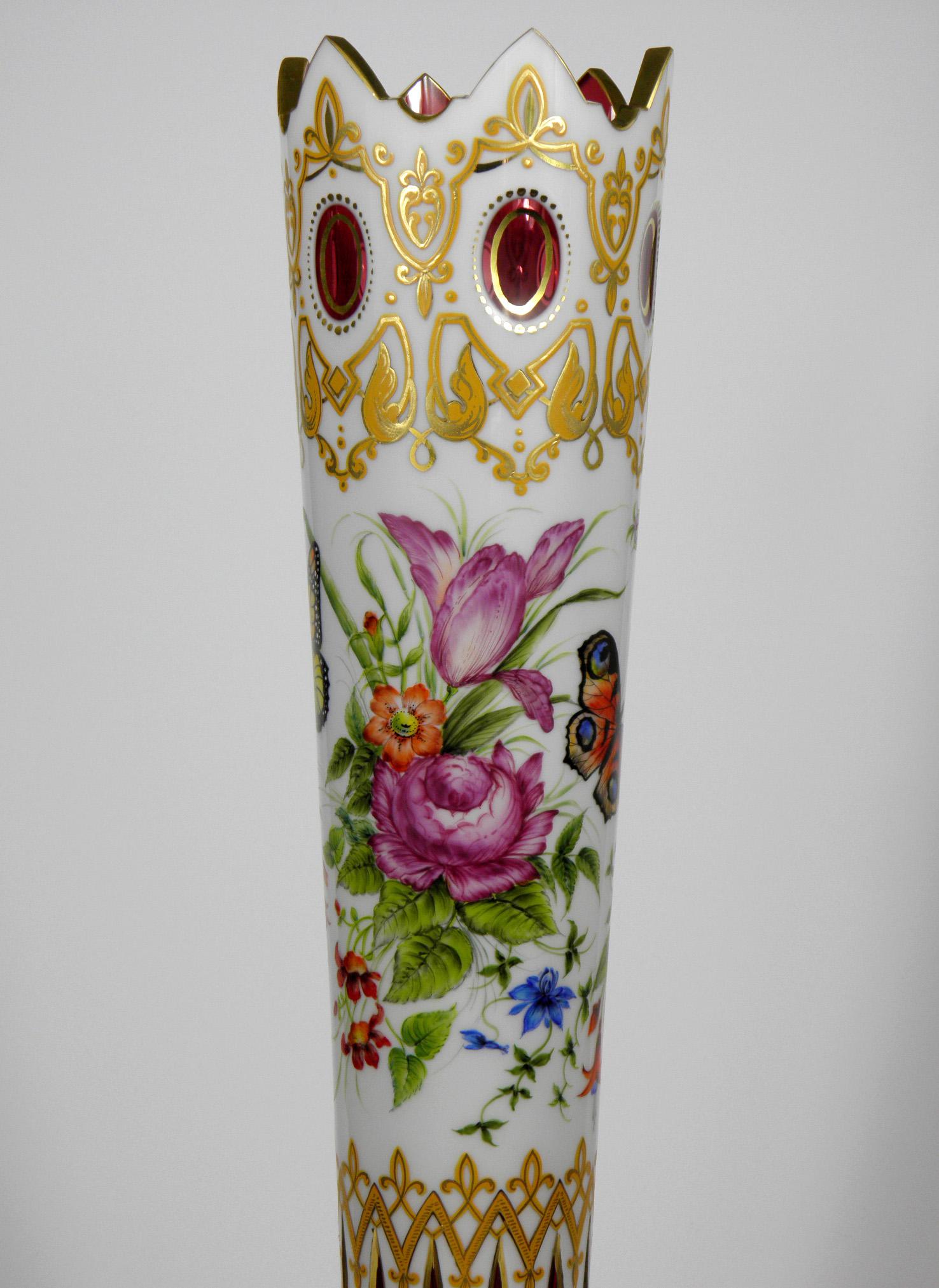 Beautiful slim tall ruby ??vase overlaid with opal, upper crown cut, ornamental floral painting with butterflies. Made in the style of the 19th century.