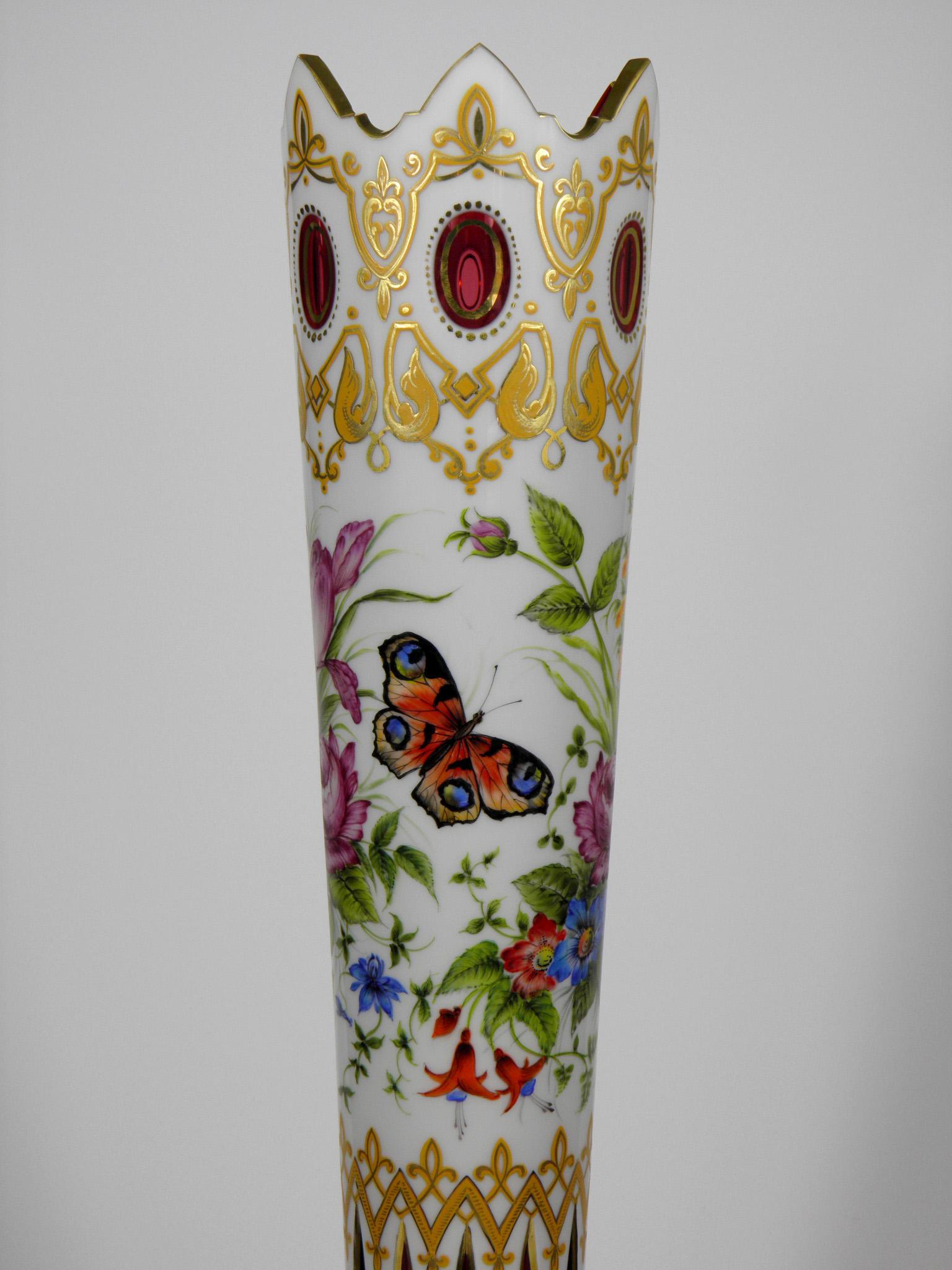 Czech Bohemian Opal-Ruby Vase Floral Butterflies Motive Height: 24.81 in. (63 cm)