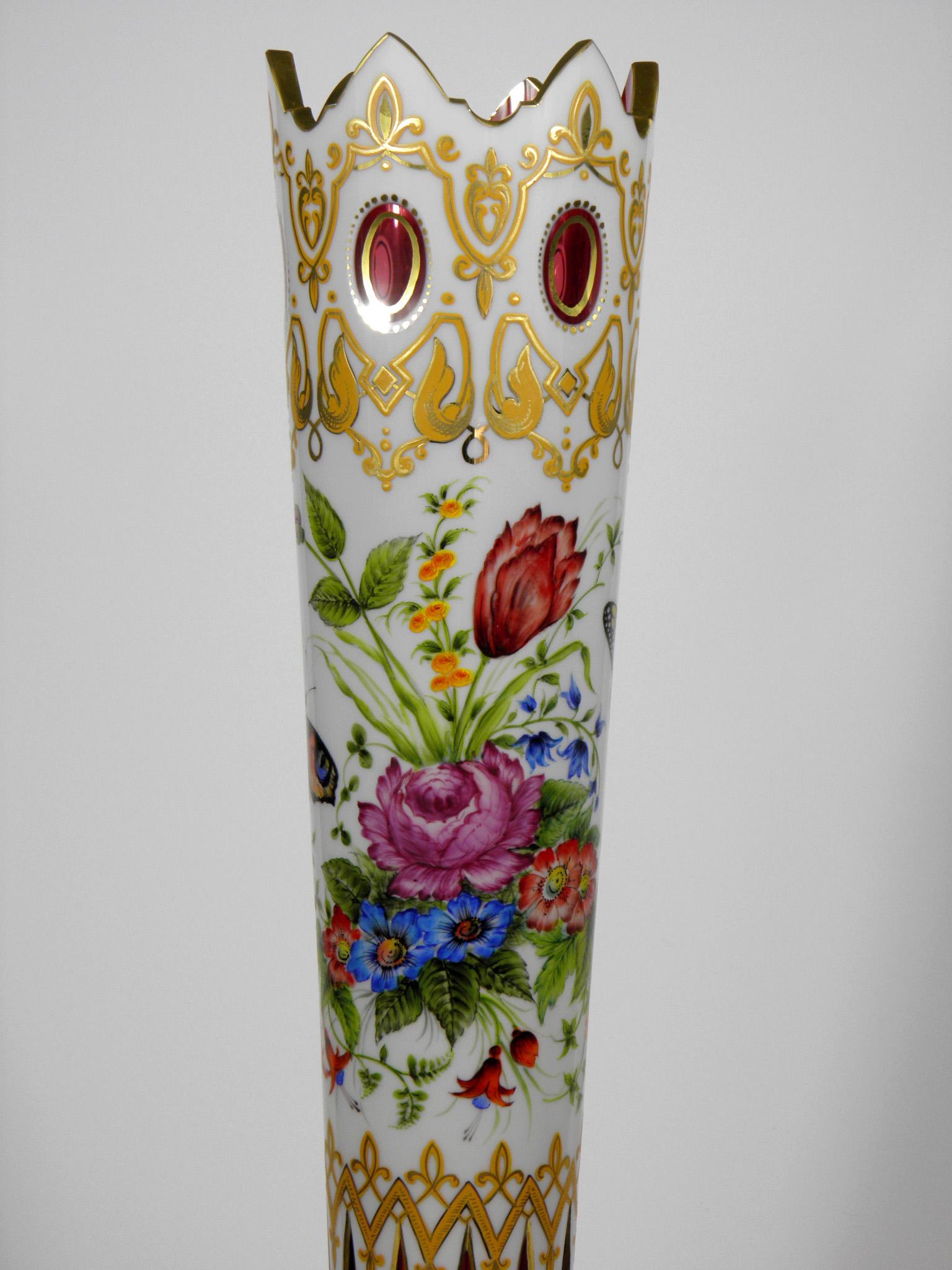 Bohemian Opal-Ruby Vase Floral Butterflies Motive Height: 24.81 in. (63 cm) In Good Condition In Nový Bor, CZ
