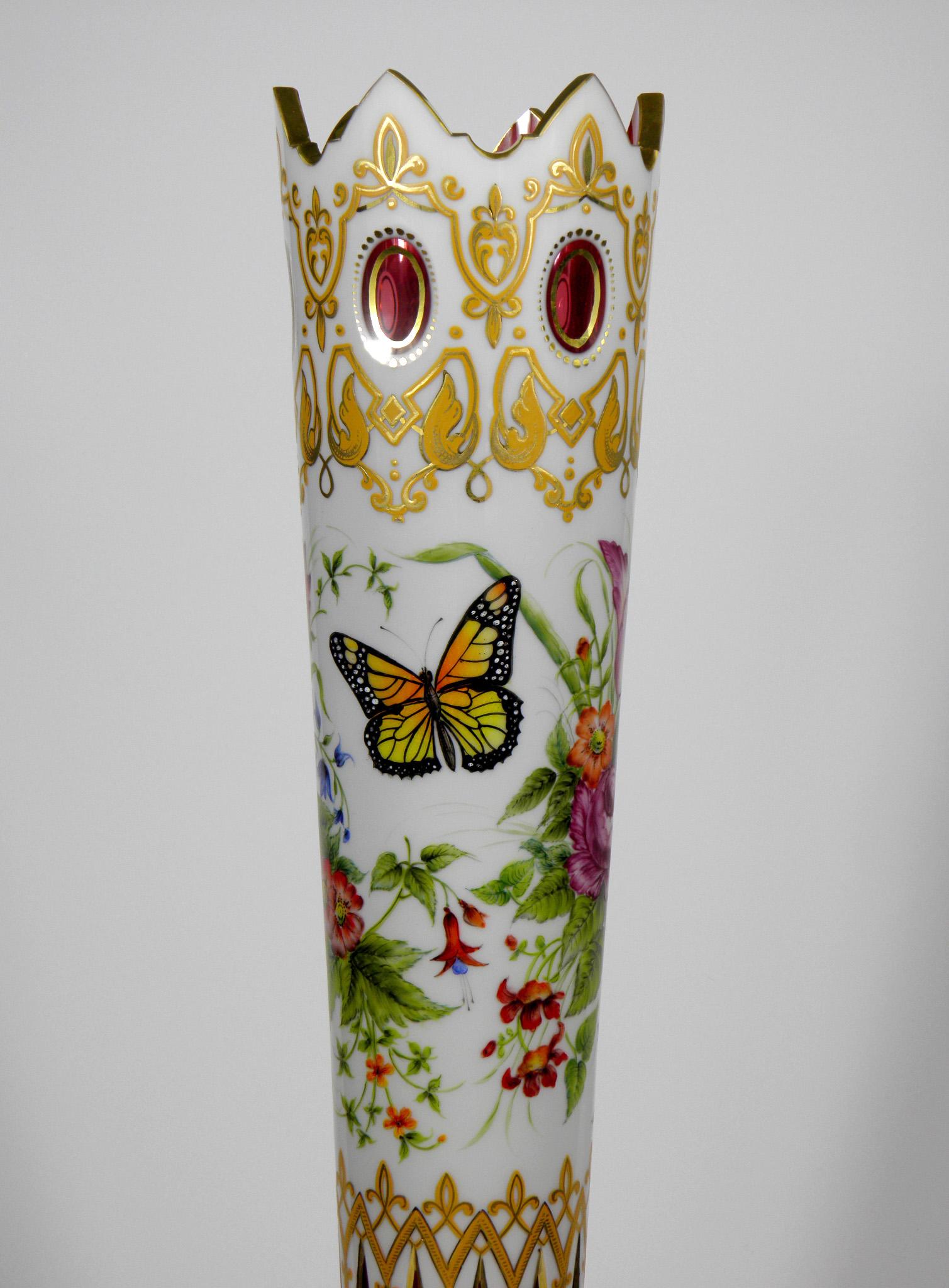 19th Century Bohemian Opal-Ruby Vase Floral Butterflies Motive Height: 24.81 in. (63 cm)