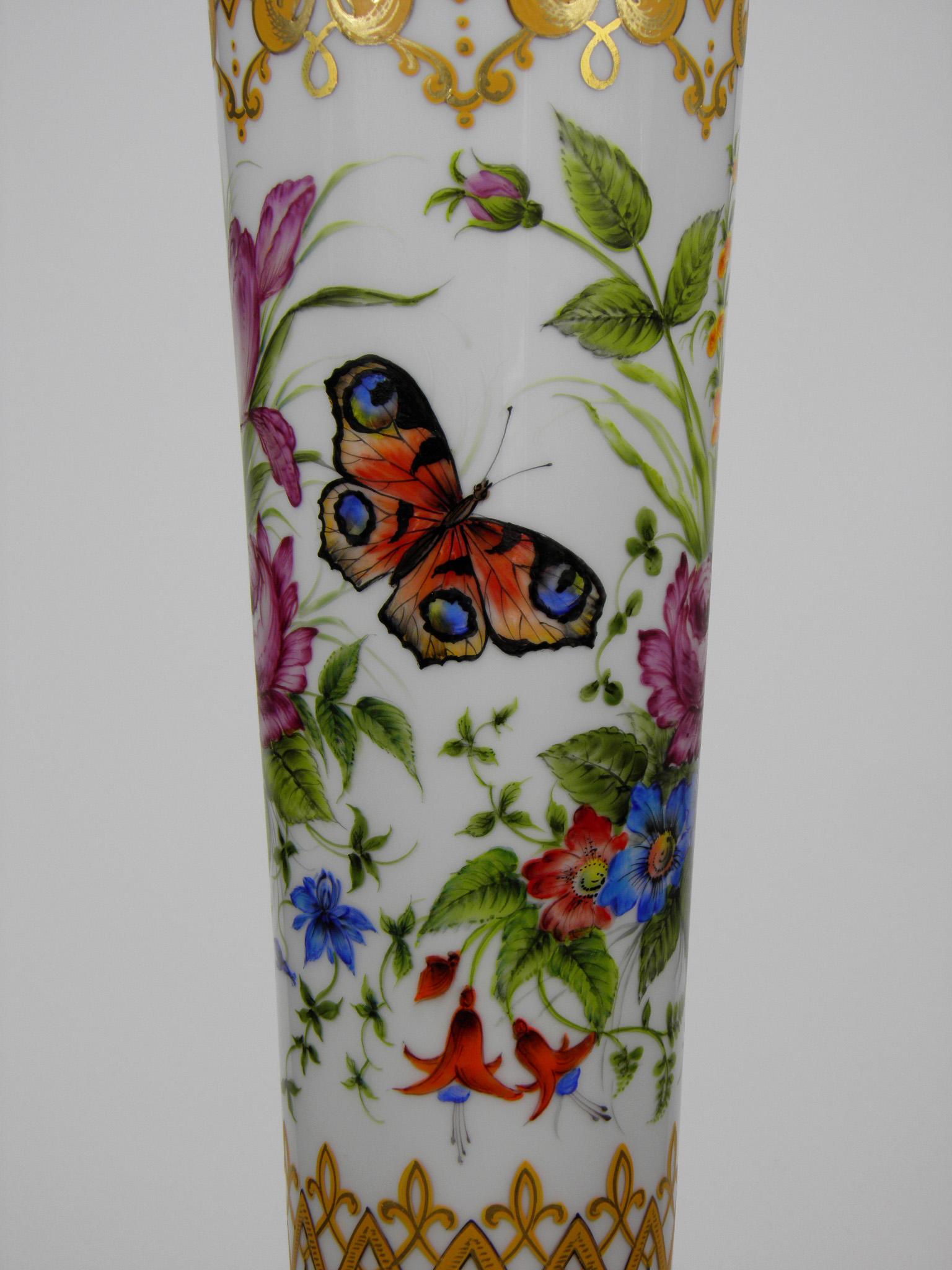 Bohemian Opal-Ruby Vase Floral Butterflies Motive Height: 24.81 in. (63 cm) 4