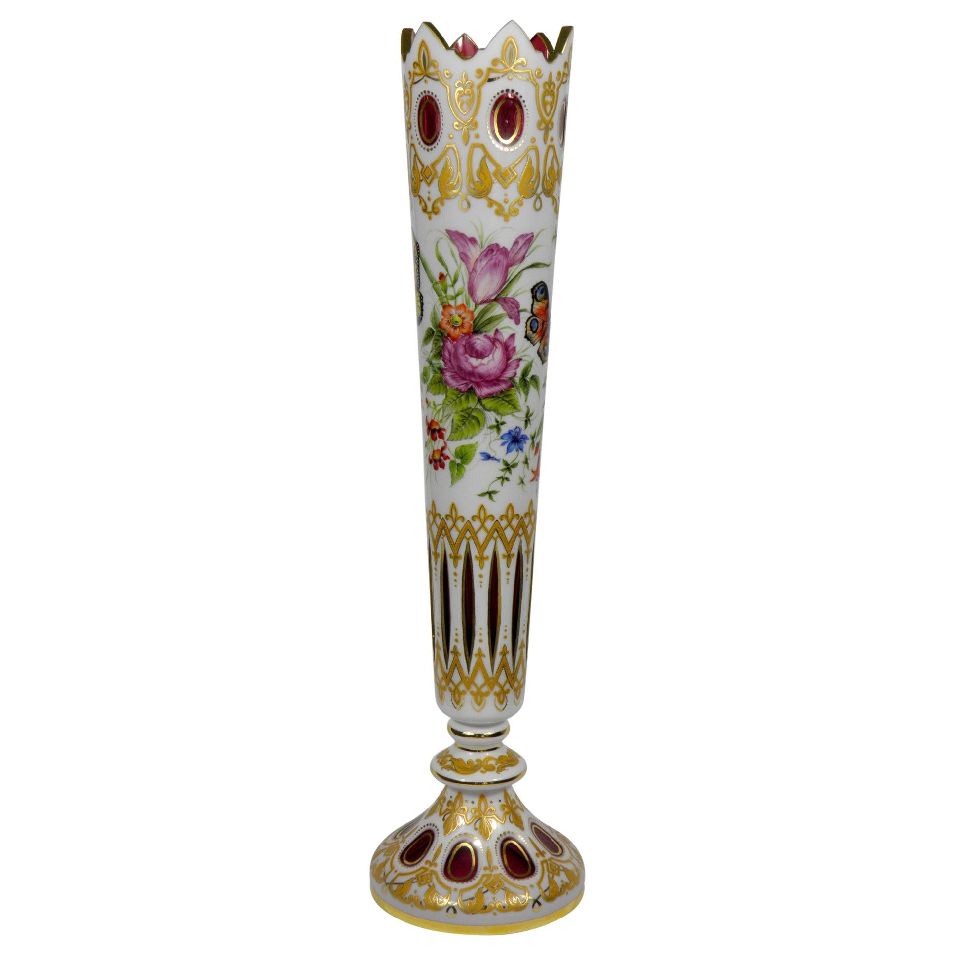 Bohemian Opal-Ruby Vase Floral Butterflies Motive Height: 24.81 in. (63 cm)
