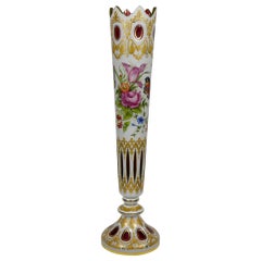 Antique Bohemian Opal-Ruby Vase Floral Butterflies Motive Height: 24.81 in. (63 cm)