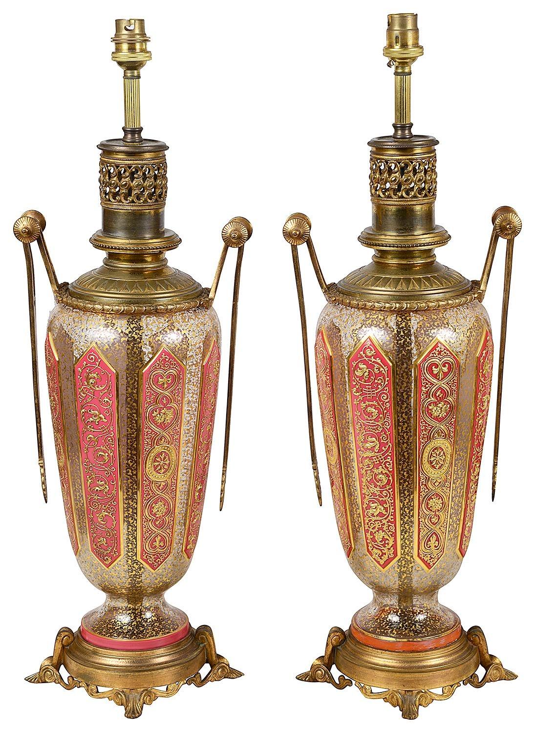 A wonderfully elegant pair of late 19th Century Bohemian overlay glass lamps with gilded ormolu mounts and handles.
Batch 80 N/H