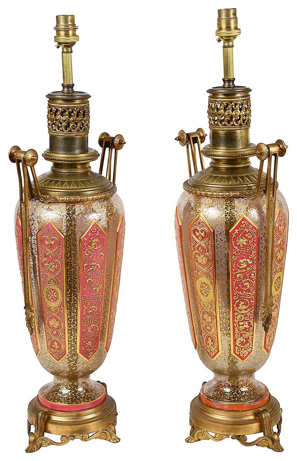 Czech Bohemian overlay glass lamps, circa 1890. For Sale